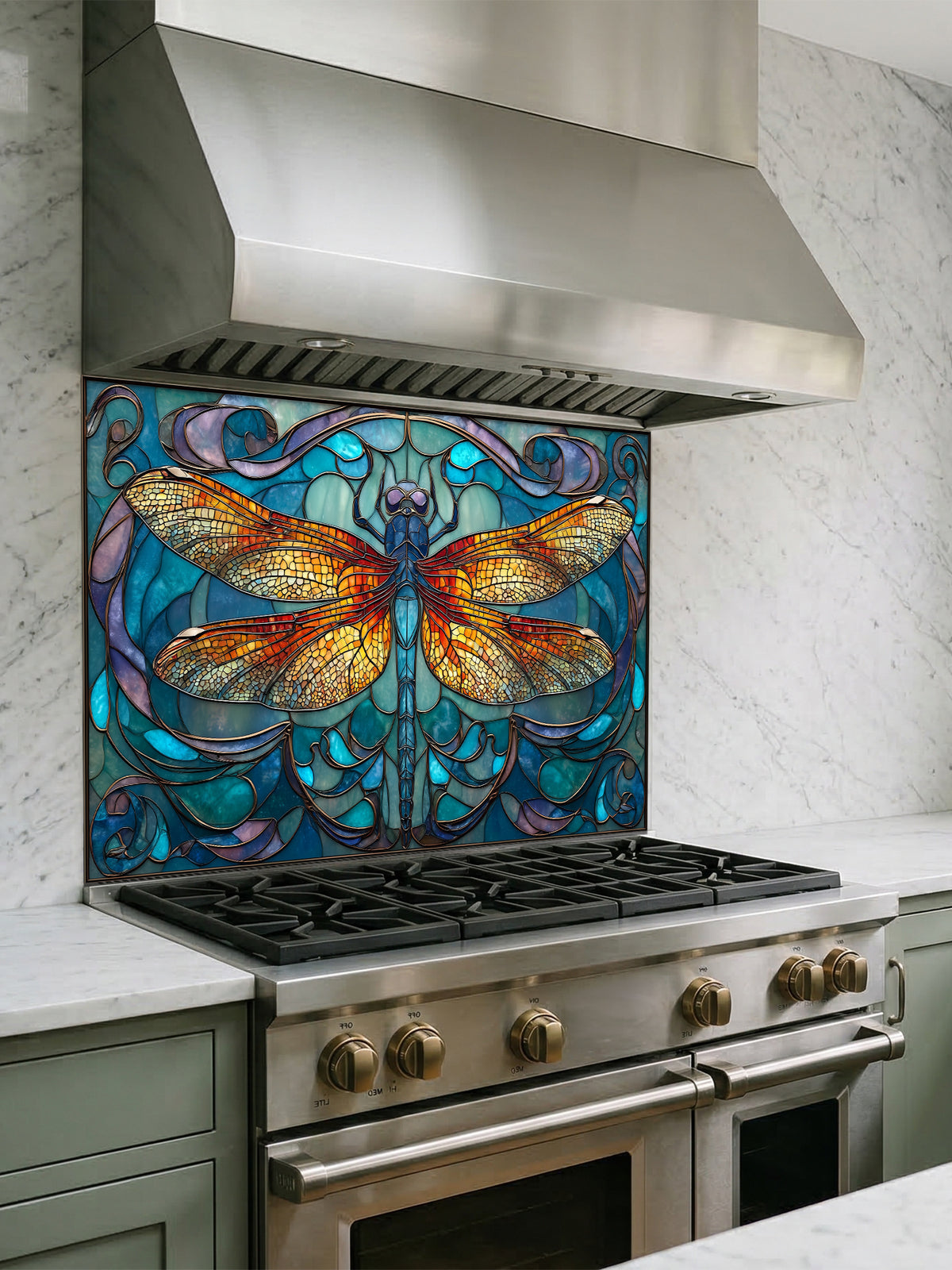 Tempered glass kitchen backsplash featuring a highly realistic 3D illusion of Art Nouveau stained glass showing a magnificent, symmetrical dragonfly with vibrant amber and gold wings set against a swirling teal, blue, and purple patterned background, installed behind a modern black stove.