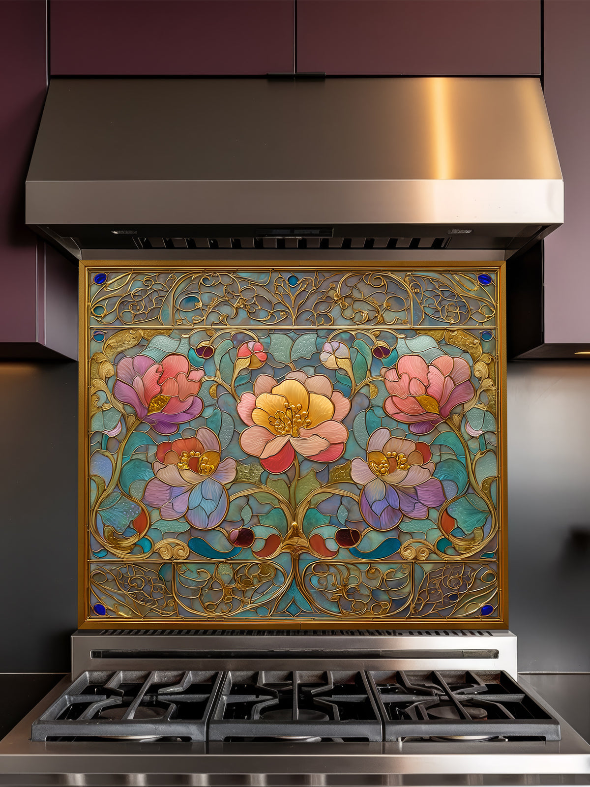 Stained glass style Art Nouveau floral pattern with pink and gold flowers inside an ornate faux-gold frame, UV printed on a smooth tempered glass kitchen backsplash, installed behind a modern stove.