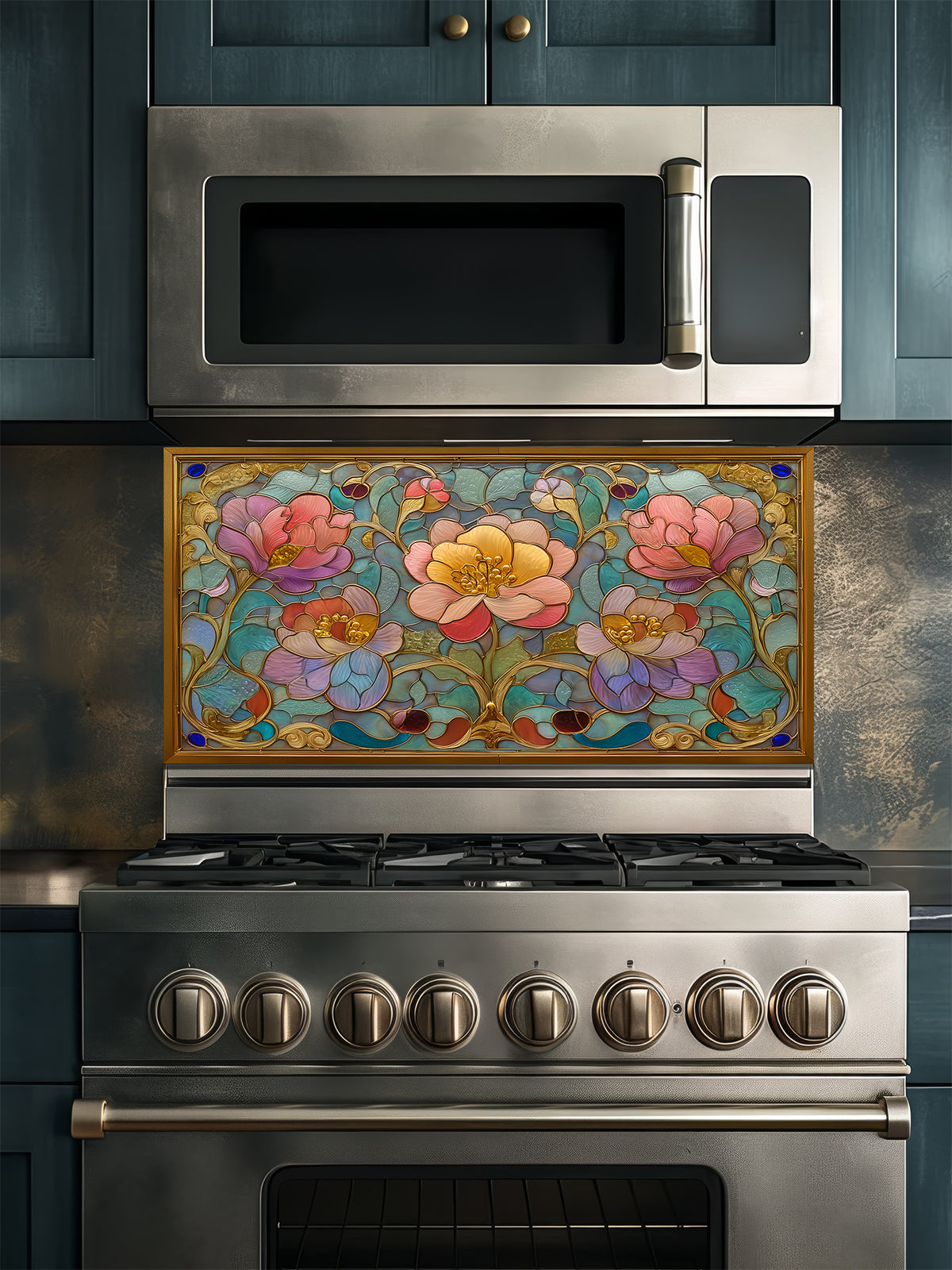 Stained glass style Art Nouveau floral pattern with pink and gold flowers inside an ornate faux-gold frame, UV printed on a smooth tempered glass kitchen backsplash, installed behind a modern stove.