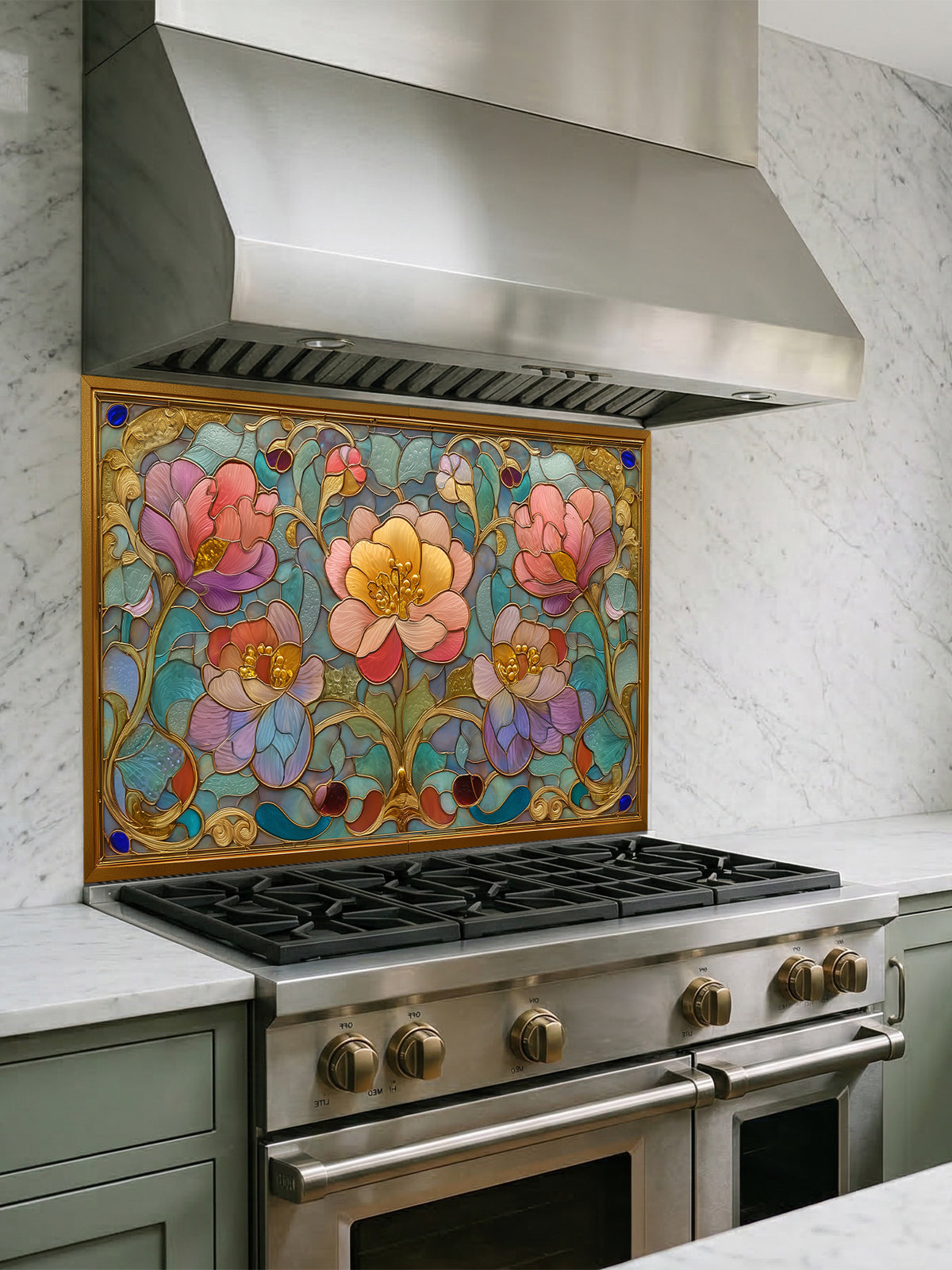 Stained glass style Art Nouveau floral pattern with pink and gold flowers inside an ornate faux-gold frame, UV printed on a smooth tempered glass kitchen backsplash, installed behind a modern stove.