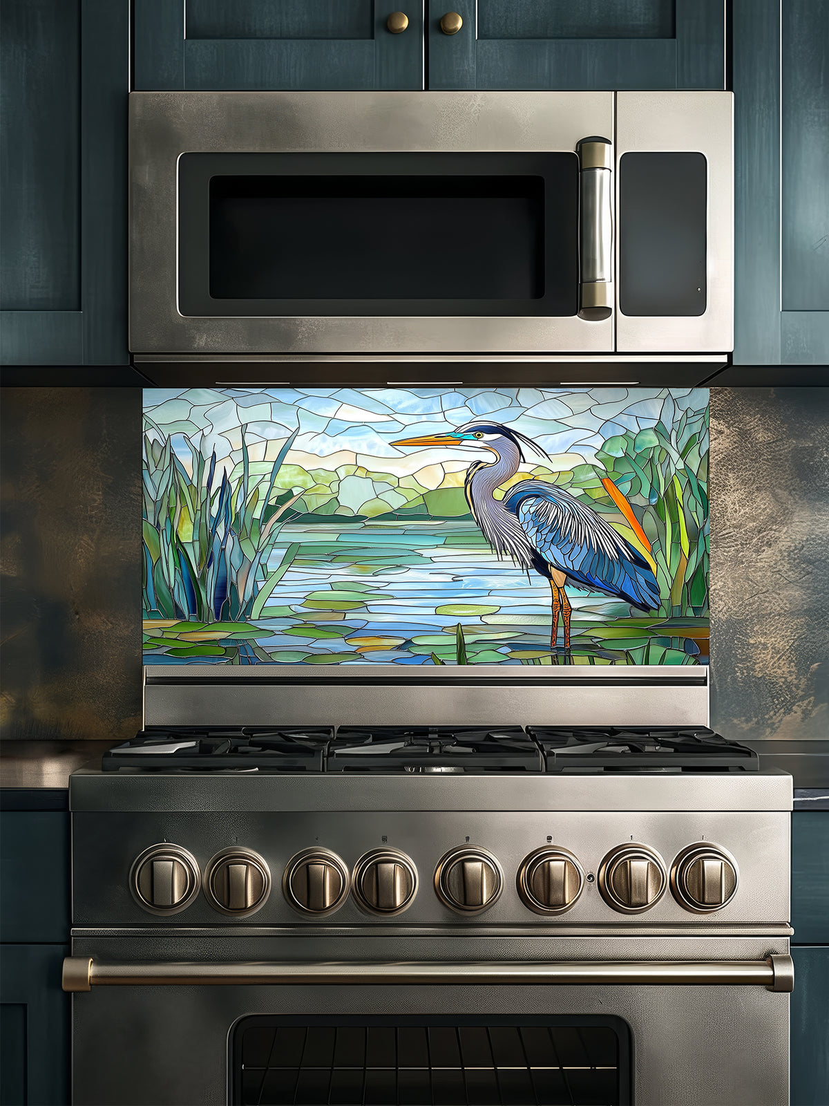 Tempered glass kitchen backsplash featuring a bright faux stained glass design of a majestic blue heron standing among lily pads against a clear blue sky and tranquil wetland, installed behind a modern stainless steel stove.