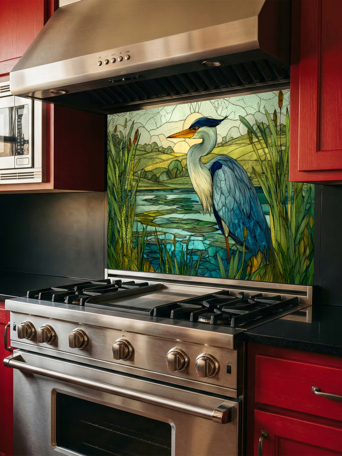 Tempered glass kitchen backsplash featuring a highly realistic 3D illusion of stained glass art showing a majestic blue heron standing in a serene wetland marsh with green cattails and a tranquil lake, installed behind a modern stainless steel stove.