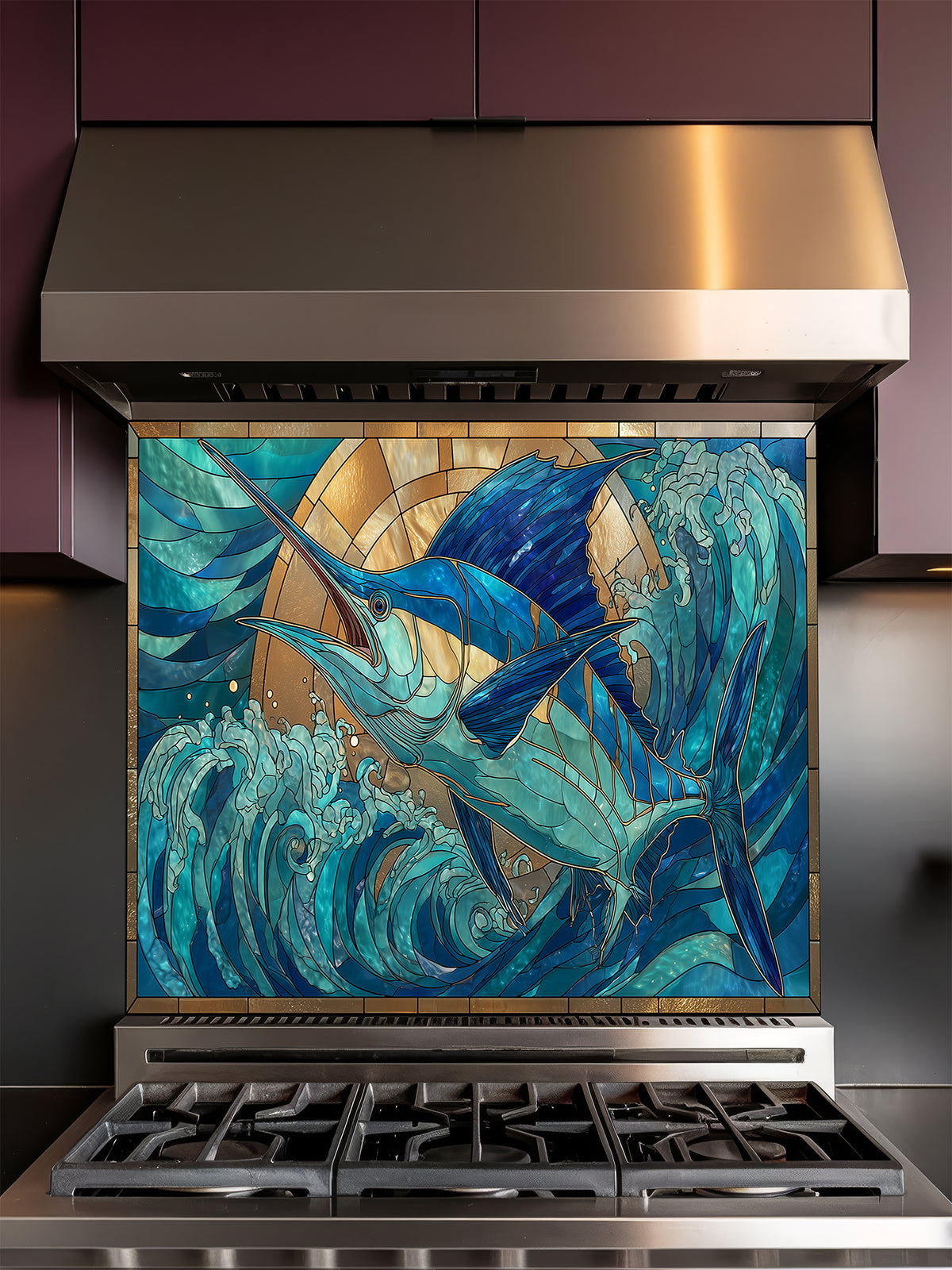 Tempered glass kitchen backsplash featuring a vibrant faux stained glass design of a majestic blue marlin leaping out of teal ocean waves against a glowing golden sunburst background, installed behind a modern stainless steel stove.