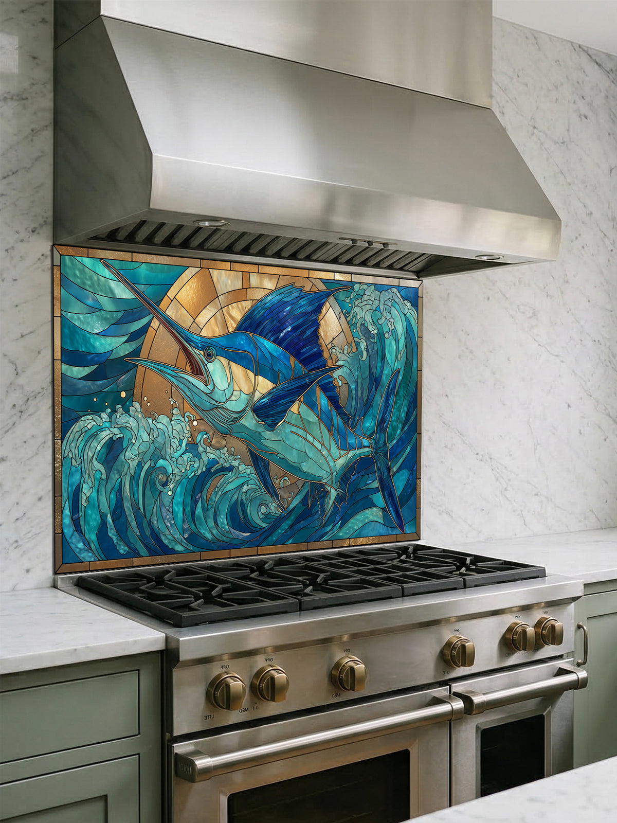 Tempered glass kitchen backsplash featuring a vibrant faux stained glass design of a majestic blue marlin leaping out of teal ocean waves against a glowing golden sunburst background, installed behind a modern stainless steel stove.