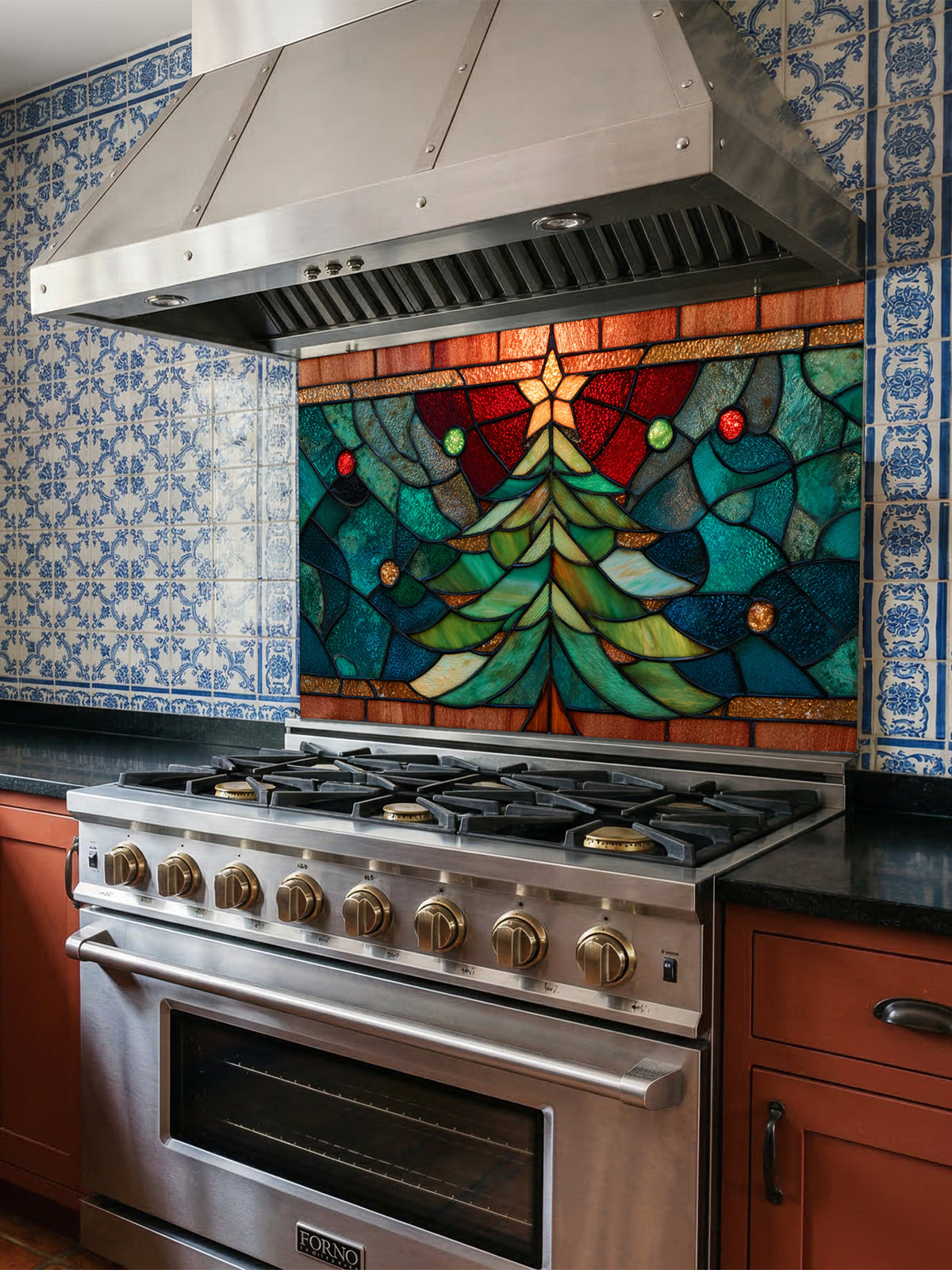 Tempered glass kitchen backsplash featuring a highly realistic 3D illusion of stained glass art showing a festive evergreen Christmas tree decorated with red ornaments and a glowing gold star against a warm amber and blue background, installed behind a modern black stove.