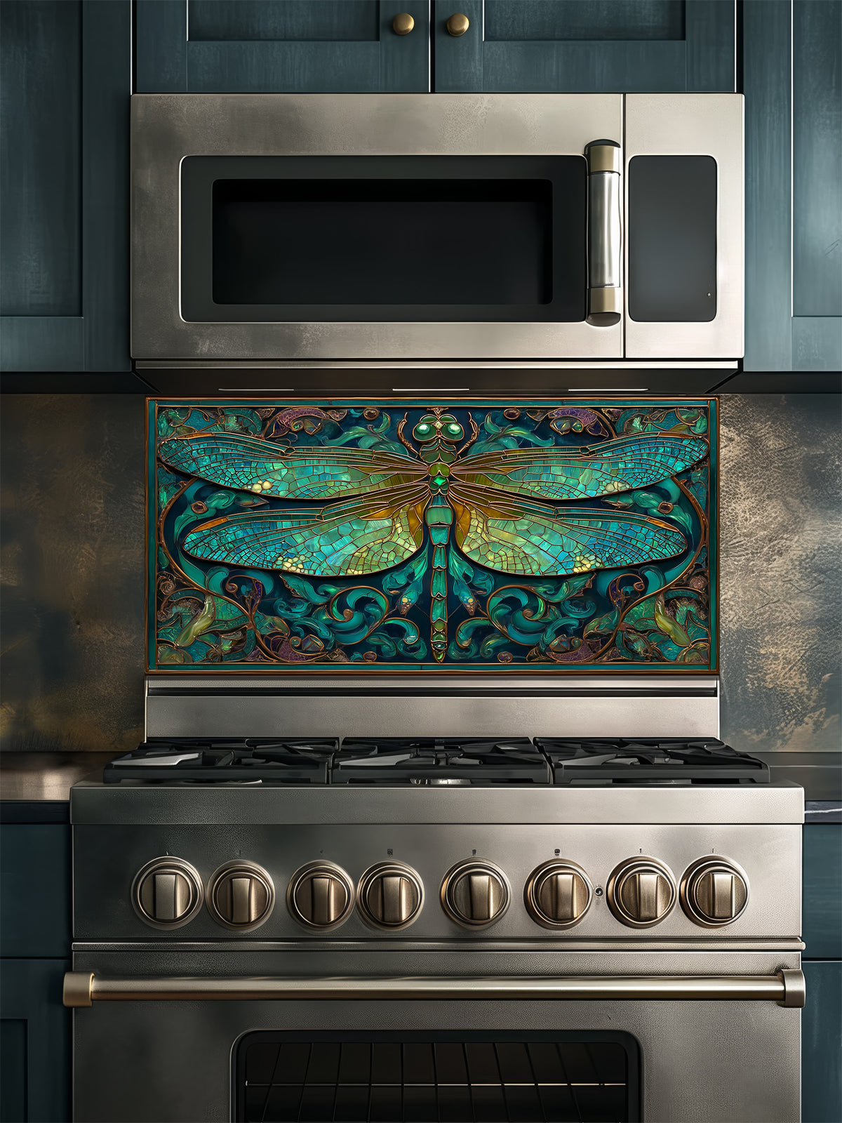 Tempered glass kitchen backsplash featuring a highly realistic 3D illusion of Art Nouveau stained glass showing a magnificent dragonfly with intricate teal and emerald green wings outlined in gold, surrounded by botanical swirls, installed behind a modern stainless steel stove.