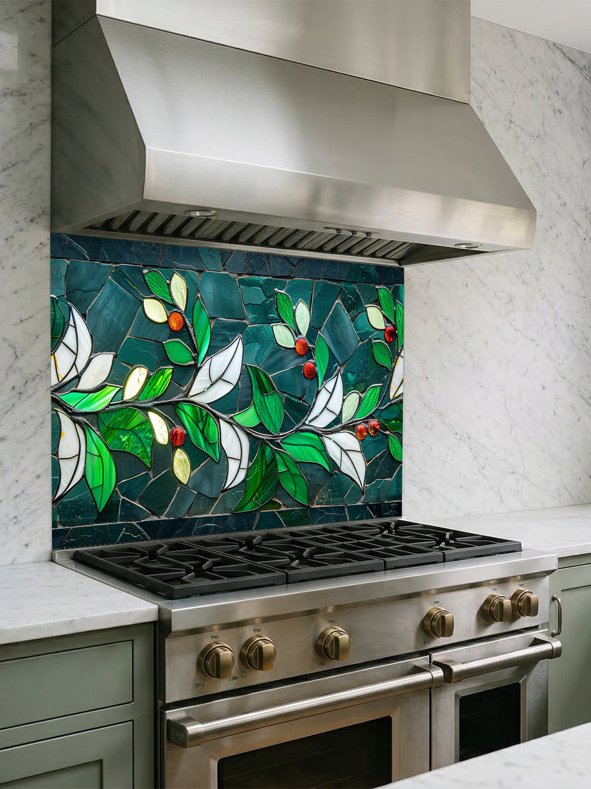 Tempered glass kitchen backsplash featuring a highly realistic 3D illusion of stained glass and mosaic art showing a graceful branch with vibrant emerald green and white leaves and glowing red berries against a dark teal background, installed behind a modern black stove.