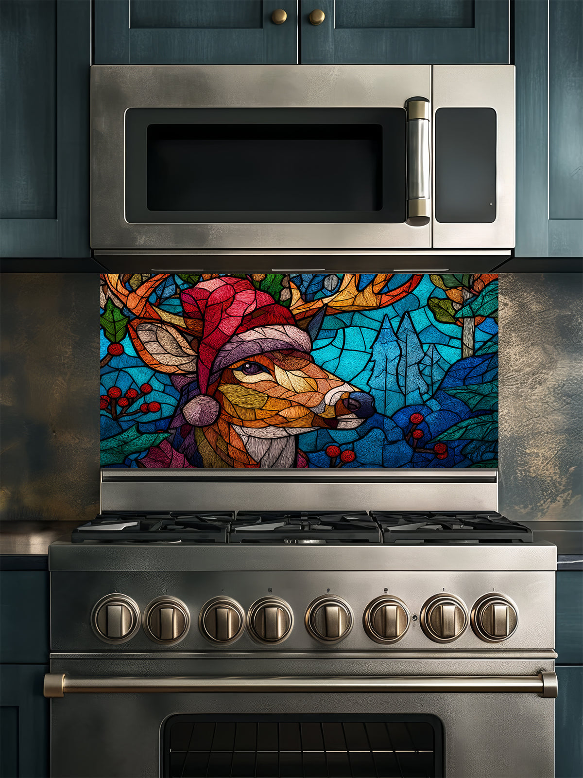 Tempered glass kitchen backsplash featuring a highly realistic 3D illusion of stained glass and mosaic art showing a festive reindeer wearing a red Santa hat in a frosty blue winter forest with holly berries, installed behind a modern black stove.