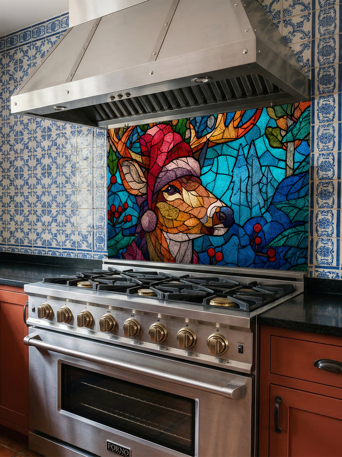 Tempered glass kitchen backsplash featuring a highly realistic 3D illusion of stained glass and mosaic art showing a festive reindeer wearing a red Santa hat in a frosty blue winter forest with holly berries, installed behind a modern black stove.