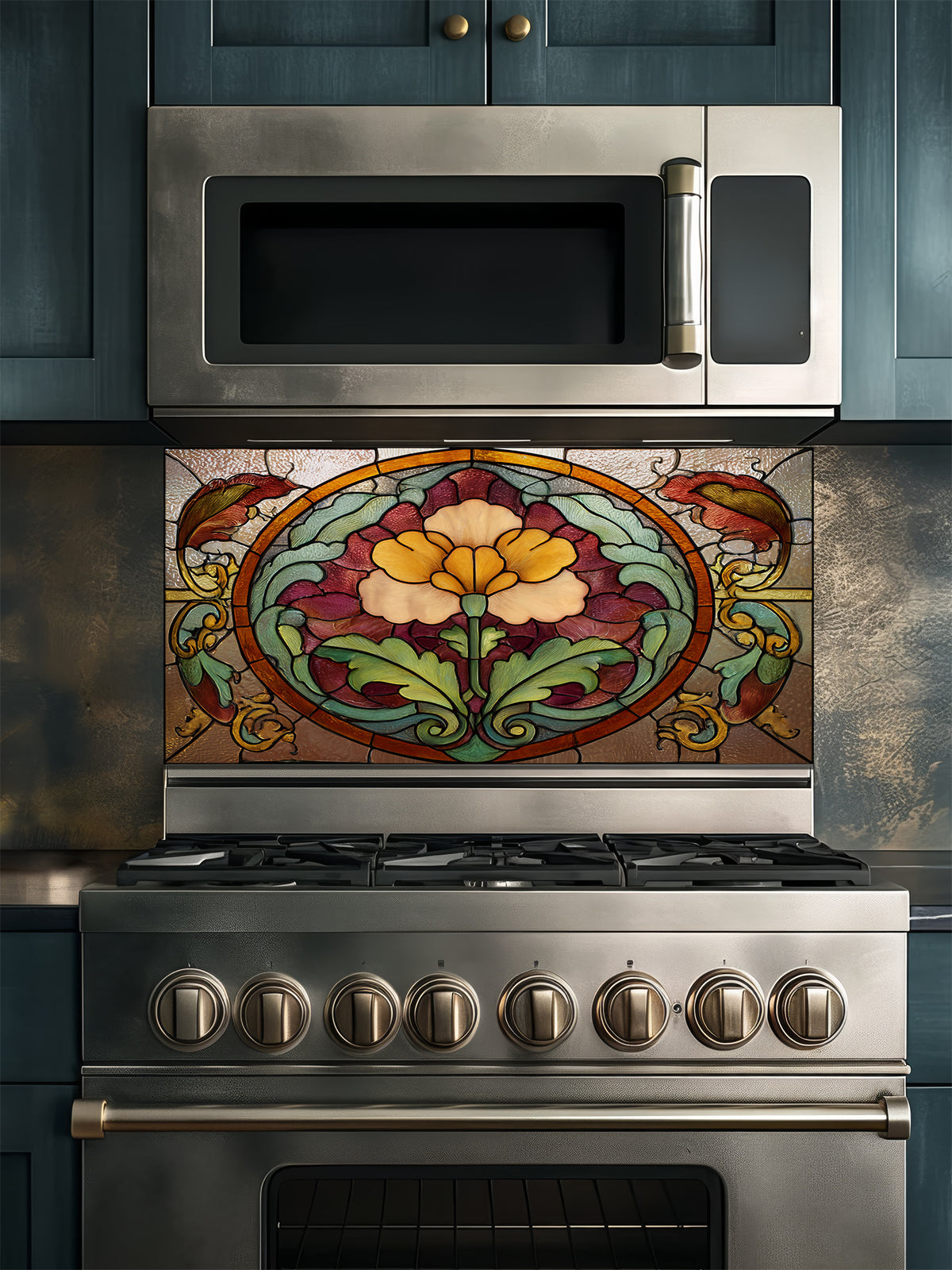 Stained glass style vintage floral medallion in warm amber, burgundy, and green tones, UV printed on a smooth tempered glass kitchen backsplash, installed behind a modern stove.