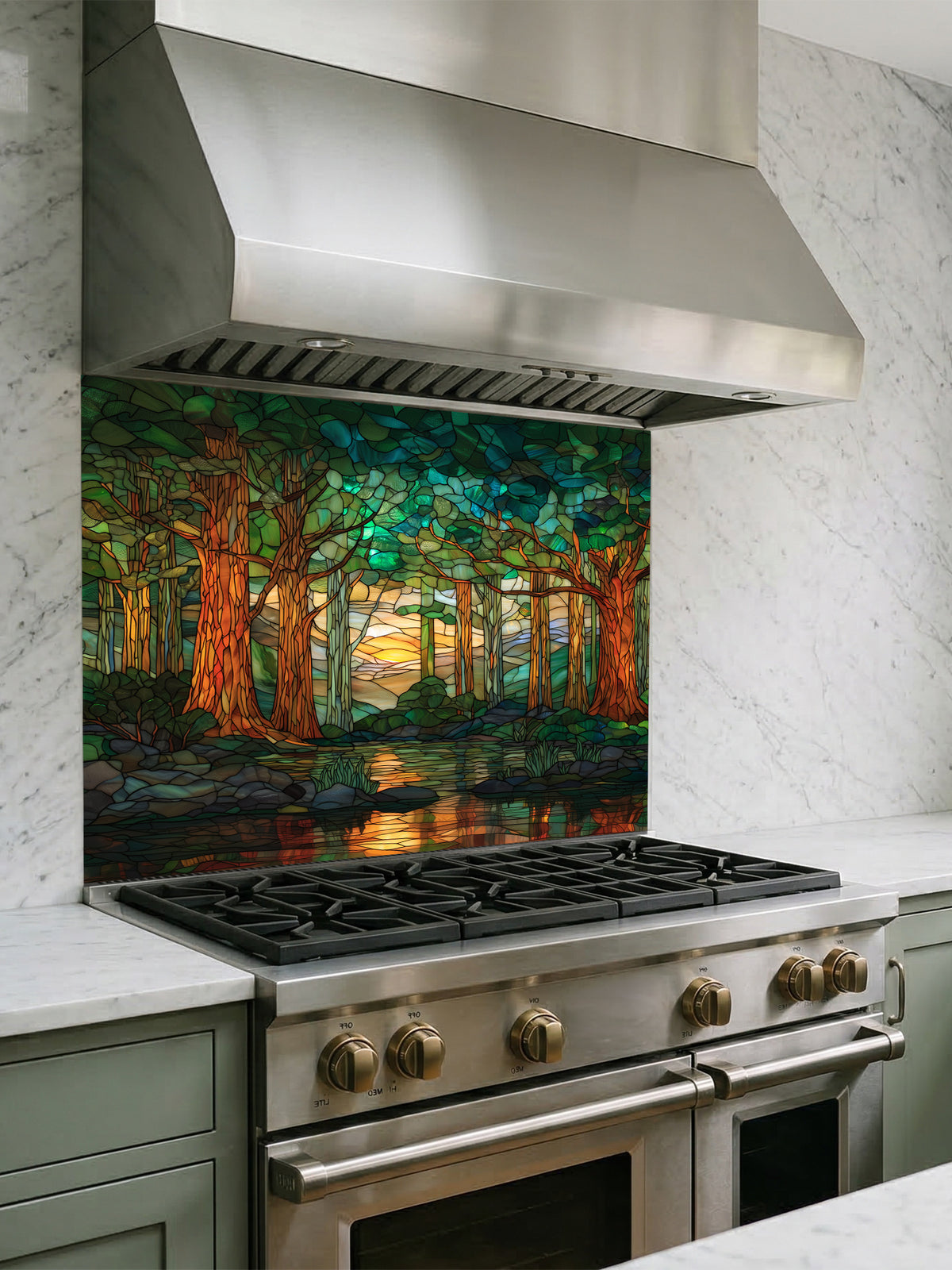 A modern kitchen featuring a tempered glass backsplash with a beautiful stained glass effect landscape, showcasing a lush green forest, tall trees, and a tranquil river at sunset, installed behind a modern black stove.