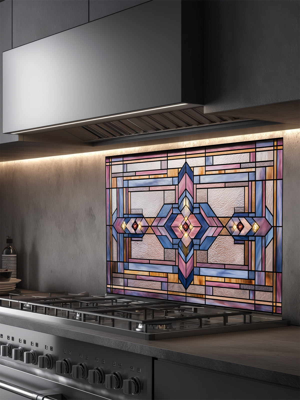 Tempered glass kitchen backsplash featuring a highly realistic 3D illusion of architectural Prairie-style stained glass, showing a symmetrical geometric pattern with diamonds and intersecting lines in dusty rose, lavender, soft blue, and amber, installed behind a modern black stove.