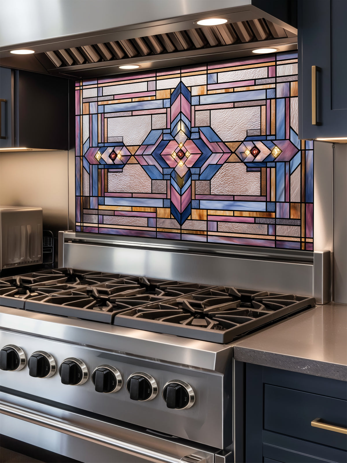 Tempered glass kitchen backsplash featuring a highly realistic 3D illusion of architectural Prairie-style stained glass, showing a symmetrical geometric pattern with diamonds and intersecting lines in dusty rose, lavender, soft blue, and amber, installed behind a modern black stove.