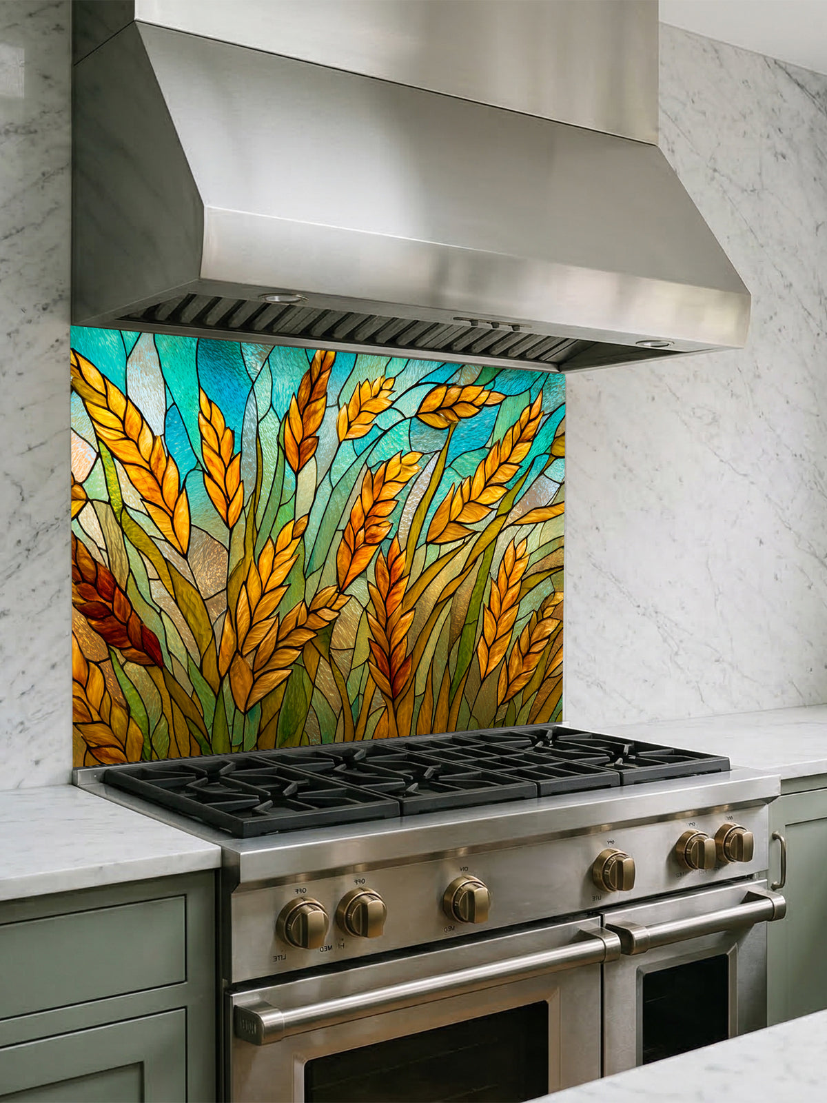 Tempered glass kitchen backsplash featuring a highly realistic 3D illusion of stained glass art showing golden amber wheat stalks swaying against a vibrant teal and turquoise sky with black faux lead lines, installed behind a modern black stove.