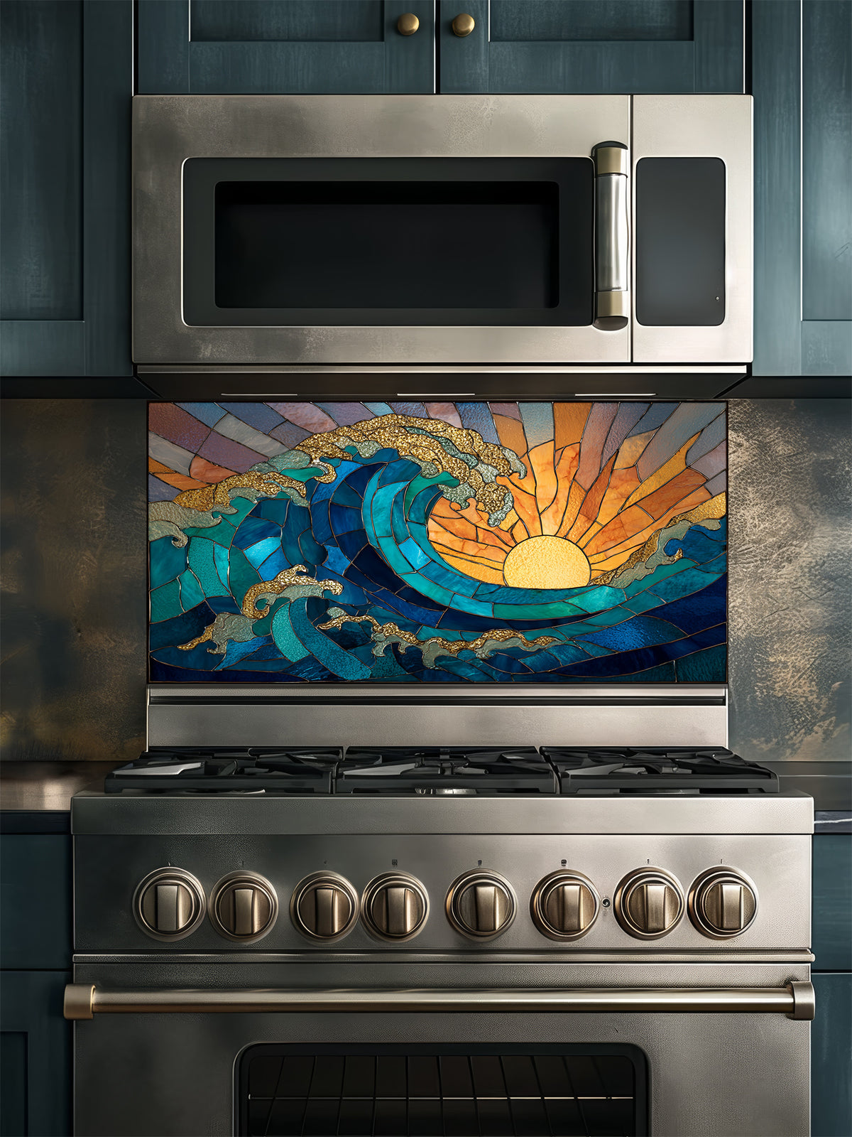 Stained glass style crashing ocean wave and vibrant golden sunrise, UV printed on a smooth tempered glass kitchen backsplash, installed behind a modern stove.