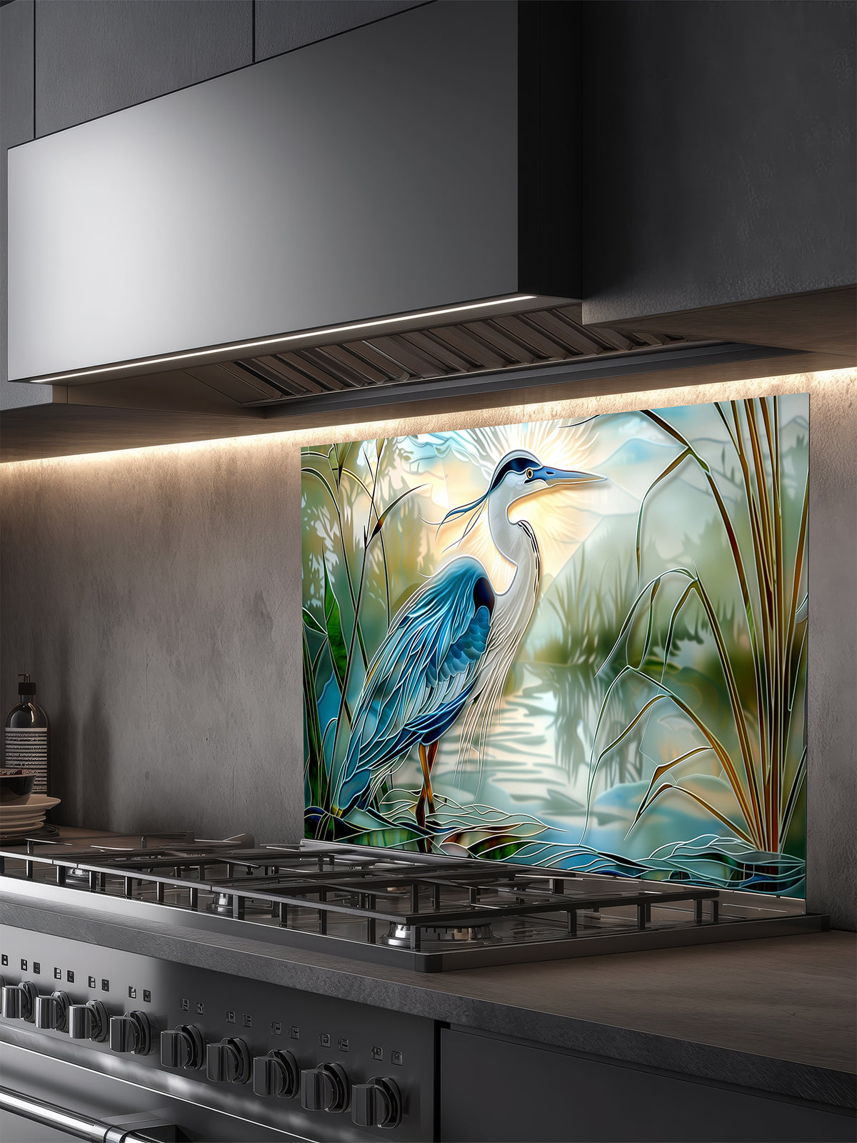 Tempered glass kitchen backsplash featuring a bright faux stained glass design of a majestic blue heron standing in a wetland, with bright sun rays radiating like a halo from behind its head, installed behind a modern stainless steel stove.