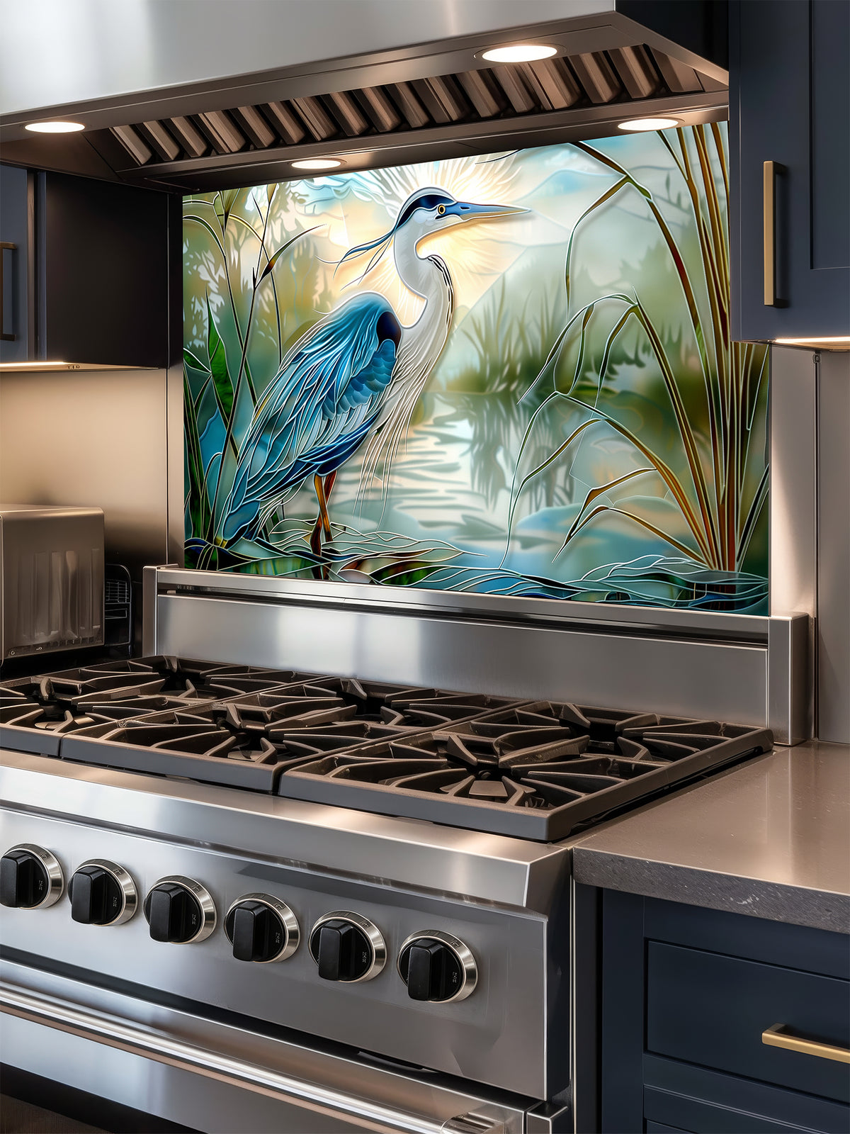 Tempered glass kitchen backsplash featuring a bright faux stained glass design of a majestic blue heron standing in a wetland, with bright sun rays radiating like a halo from behind its head, installed behind a modern stainless steel stove.