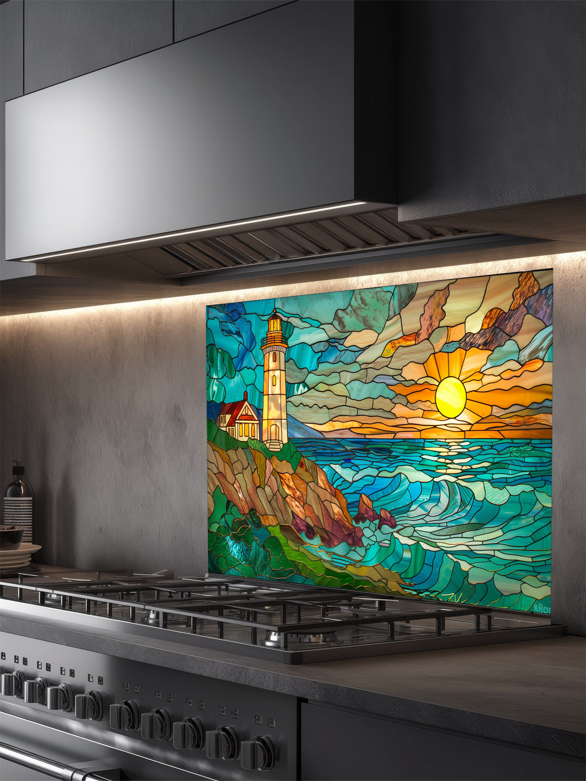Stained glass style coastal landscape with a lighthouse on a rocky cliff and a vibrant ocean sunset, UV printed on a smooth tempered glass kitchen backsplash, installed behind a modern stove.