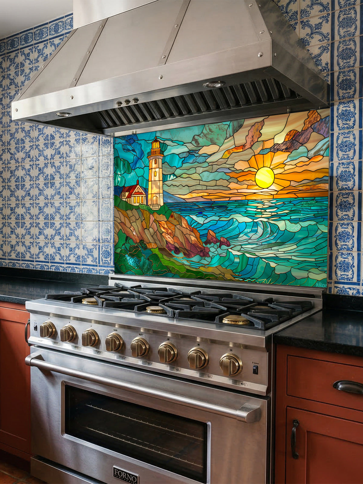 Stained glass style coastal landscape with a lighthouse on a rocky cliff and a vibrant ocean sunset, UV printed on a smooth tempered glass kitchen backsplash, installed behind a modern stove.