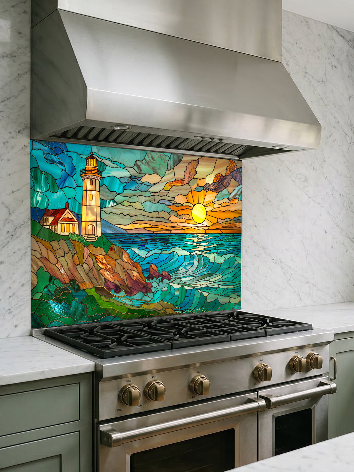 Stained glass style coastal landscape with a lighthouse on a rocky cliff and a vibrant ocean sunset, UV printed on a smooth tempered glass kitchen backsplash, installed behind a modern stove.