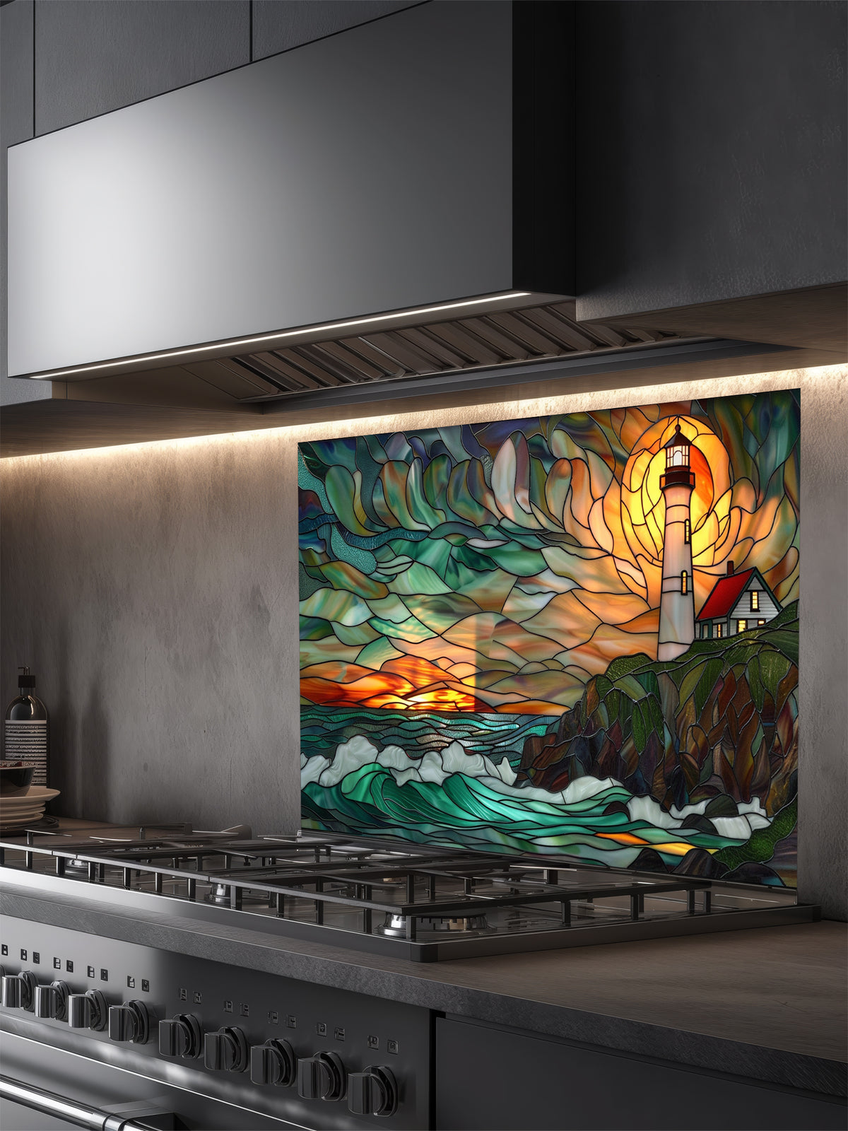 Tempered glass kitchen backsplash featuring a highly realistic 3D illusion of scenic stained glass art showing a classic lighthouse with a red roof on a rocky cliff overlooking turbulent teal ocean waves under a vibrant orange and amber sunset sky, installed behind a modern black stove.