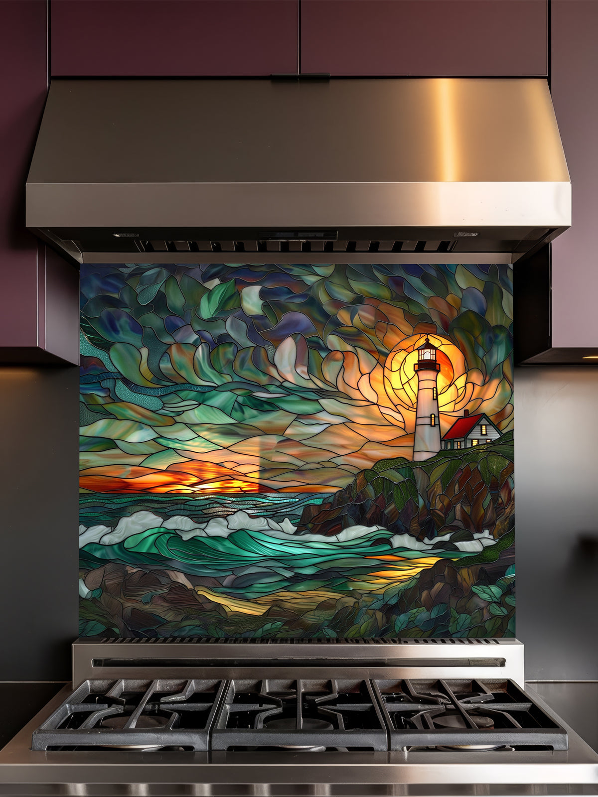 Tempered glass kitchen backsplash featuring a highly realistic 3D illusion of scenic stained glass art showing a classic lighthouse with a red roof on a rocky cliff overlooking turbulent teal ocean waves under a vibrant orange and amber sunset sky, installed behind a modern black stove.