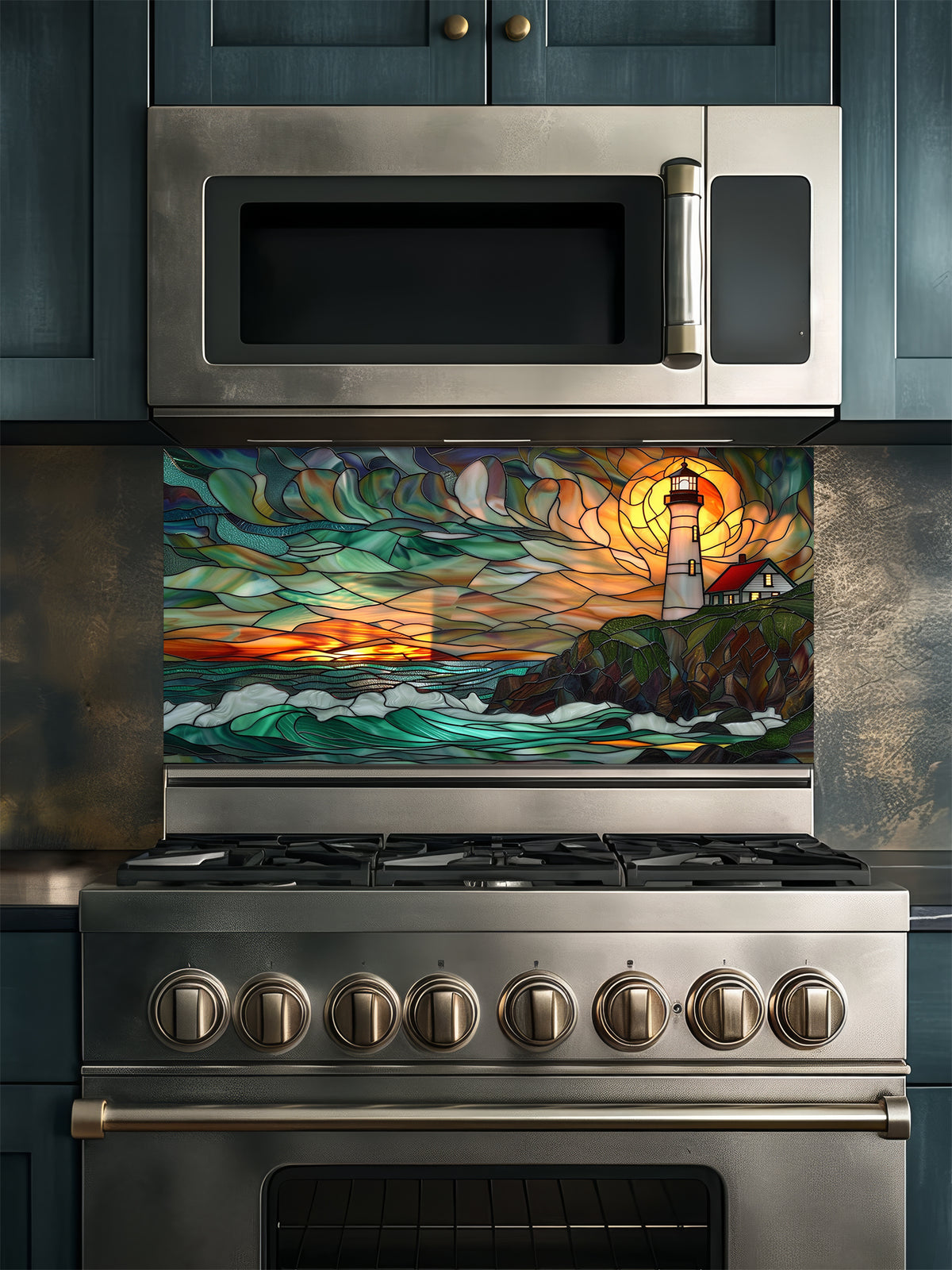 Tempered glass kitchen backsplash featuring a highly realistic 3D illusion of scenic stained glass art showing a classic lighthouse with a red roof on a rocky cliff overlooking turbulent teal ocean waves under a vibrant orange and amber sunset sky, installed behind a modern black stove.