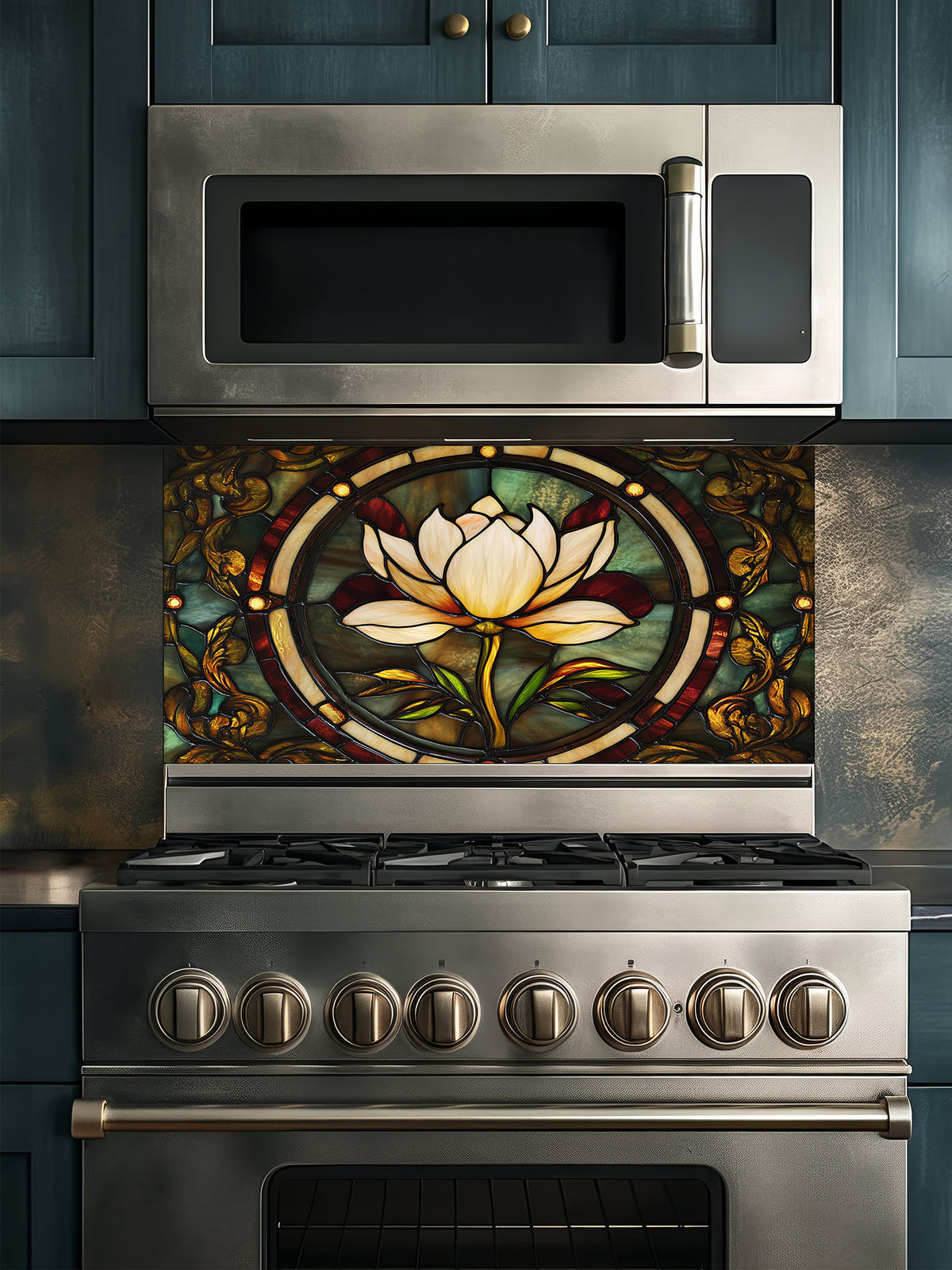 Tempered glass kitchen backsplash featuring a highly realistic faux stained glass design of a central white lotus flower surrounded by intricate Art Nouveau vines in rich emerald green and glowing amber tones, installed behind a modern stainless steel stove.