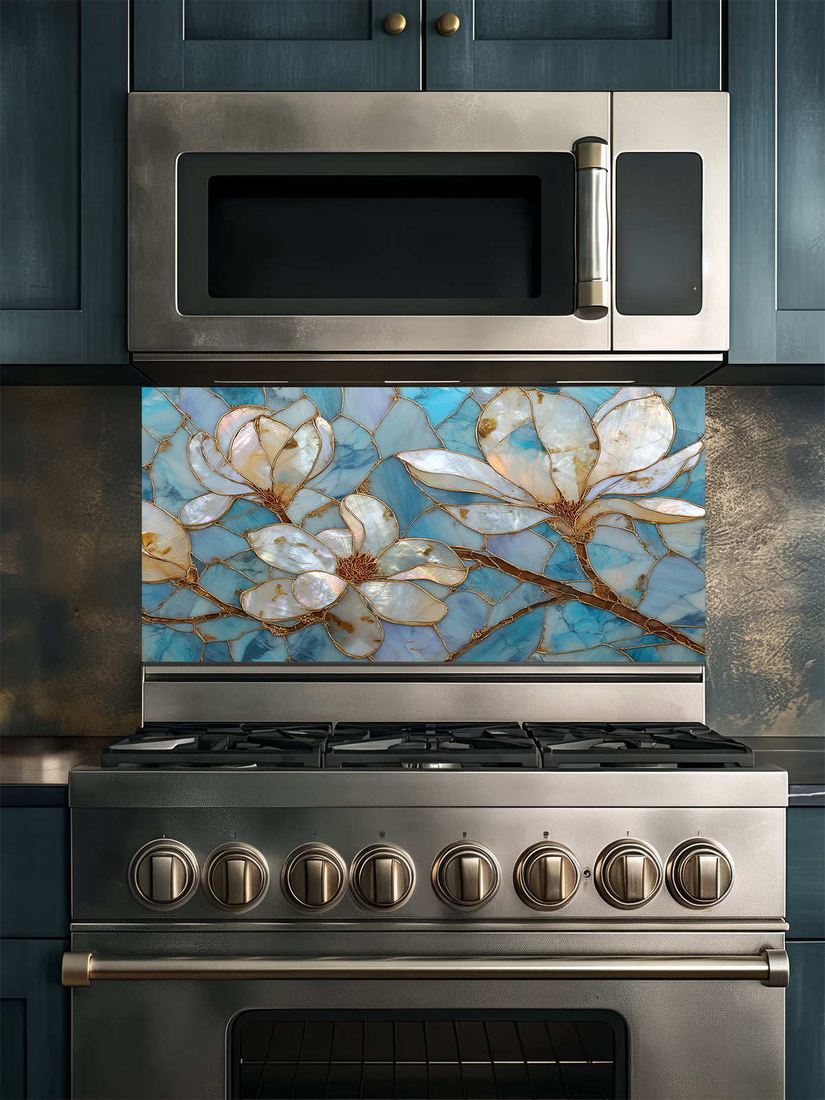 Stained glass style white magnolia flowers with gold veining on a beautiful cracked blue agate background, UV printed on a smooth tempered glass kitchen backsplash, installed behind a modern stove.