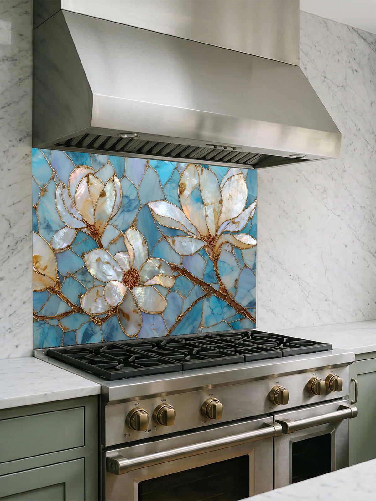 Stained glass style white magnolia flowers with gold veining on a beautiful cracked blue agate background, UV printed on a smooth tempered glass kitchen backsplash, installed behind a modern stove.