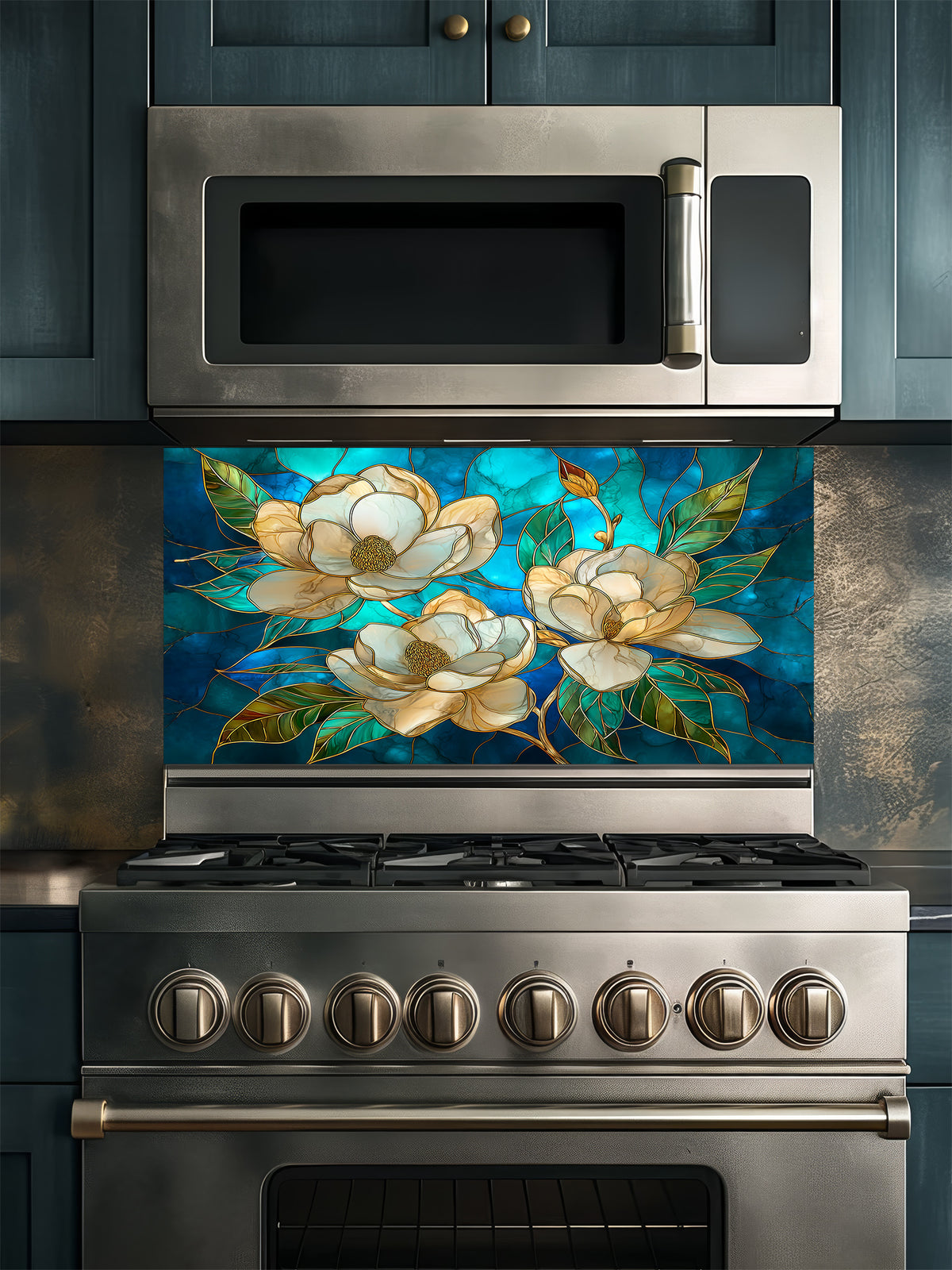 Tempered glass kitchen backsplash featuring a highly realistic 3D illusion of stained glass art showing elegant white magnolia blossoms with gold outlines against a swirling deep blue and teal background, installed behind a modern stainless steel stove.