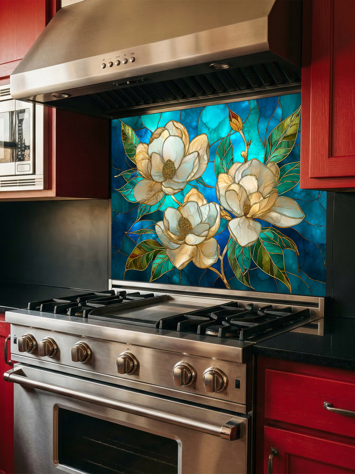 Tempered glass kitchen backsplash featuring a highly realistic 3D illusion of stained glass art showing elegant white magnolia blossoms with gold outlines against a swirling deep blue and teal background, installed behind a modern stainless steel stove.