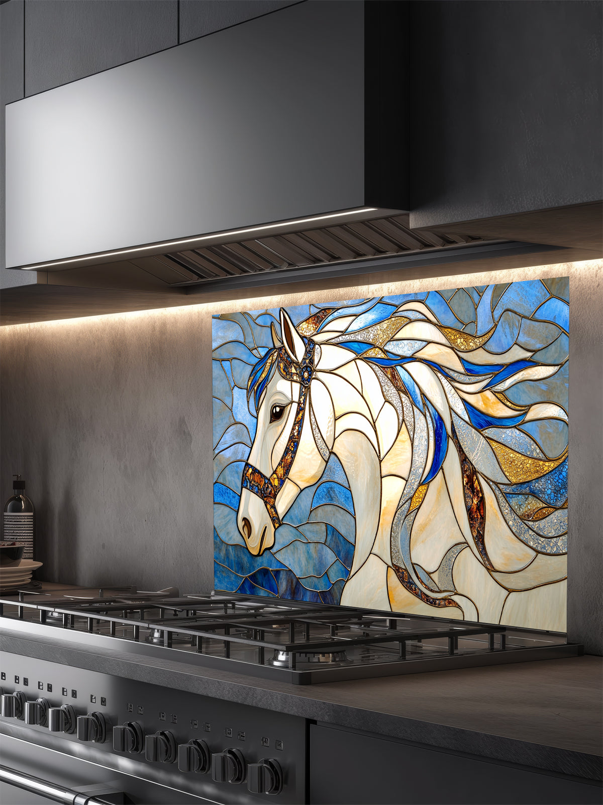 Tempered glass kitchen backsplash featuring a highly realistic 3D illusion of stained glass art showing a majestic noble white horse profile with a flowing, dynamic mane in sapphire blue and gold against a swirling blue background, installed behind a modern black stove.