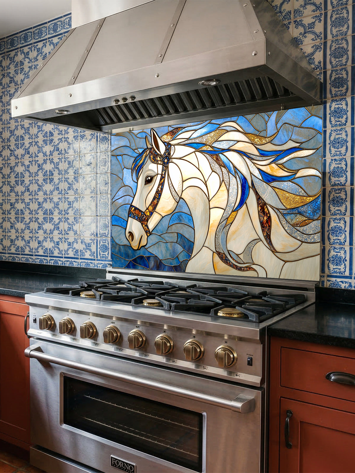 Tempered glass kitchen backsplash featuring a highly realistic 3D illusion of stained glass art showing a majestic noble white horse profile with a flowing, dynamic mane in sapphire blue and gold against a swirling blue background, installed behind a modern black stove.