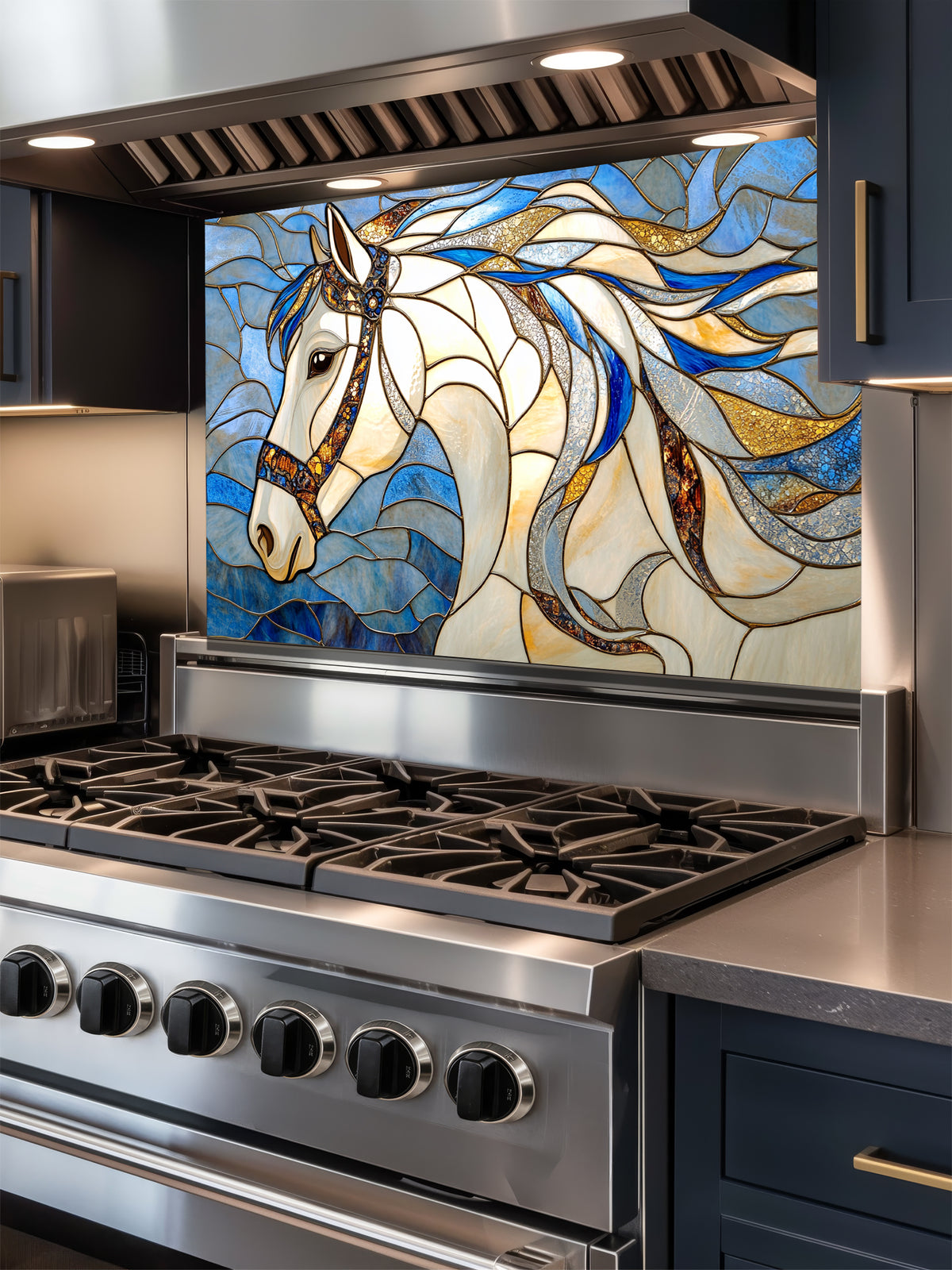 Tempered glass kitchen backsplash featuring a highly realistic 3D illusion of stained glass art showing a majestic noble white horse profile with a flowing, dynamic mane in sapphire blue and gold against a swirling blue background, installed behind a modern black stove.