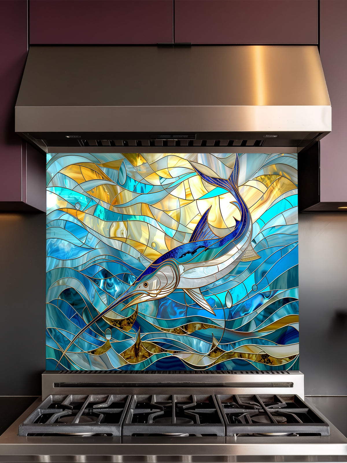 Tempered glass kitchen backsplash featuring a highly realistic 3D illusion of stained glass art showing a majestic blue marlin leaping through swirling ocean waves in vibrant blues and glowing amber tones, installed behind a modern stainless steel stove.