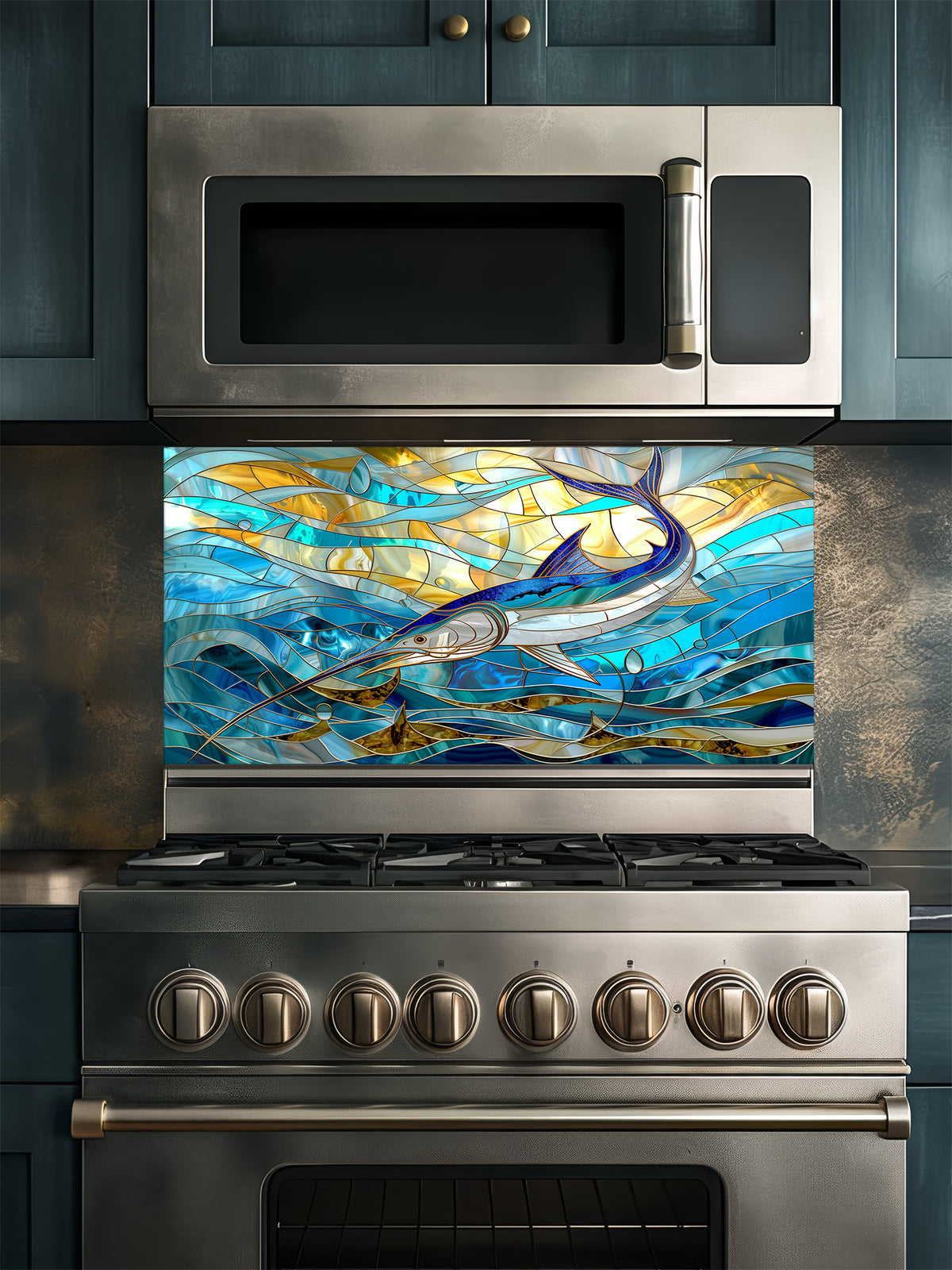 Tempered glass kitchen backsplash featuring a highly realistic 3D illusion of stained glass art showing a majestic blue marlin leaping through swirling ocean waves in vibrant blues and glowing amber tones, installed behind a modern stainless steel stove.