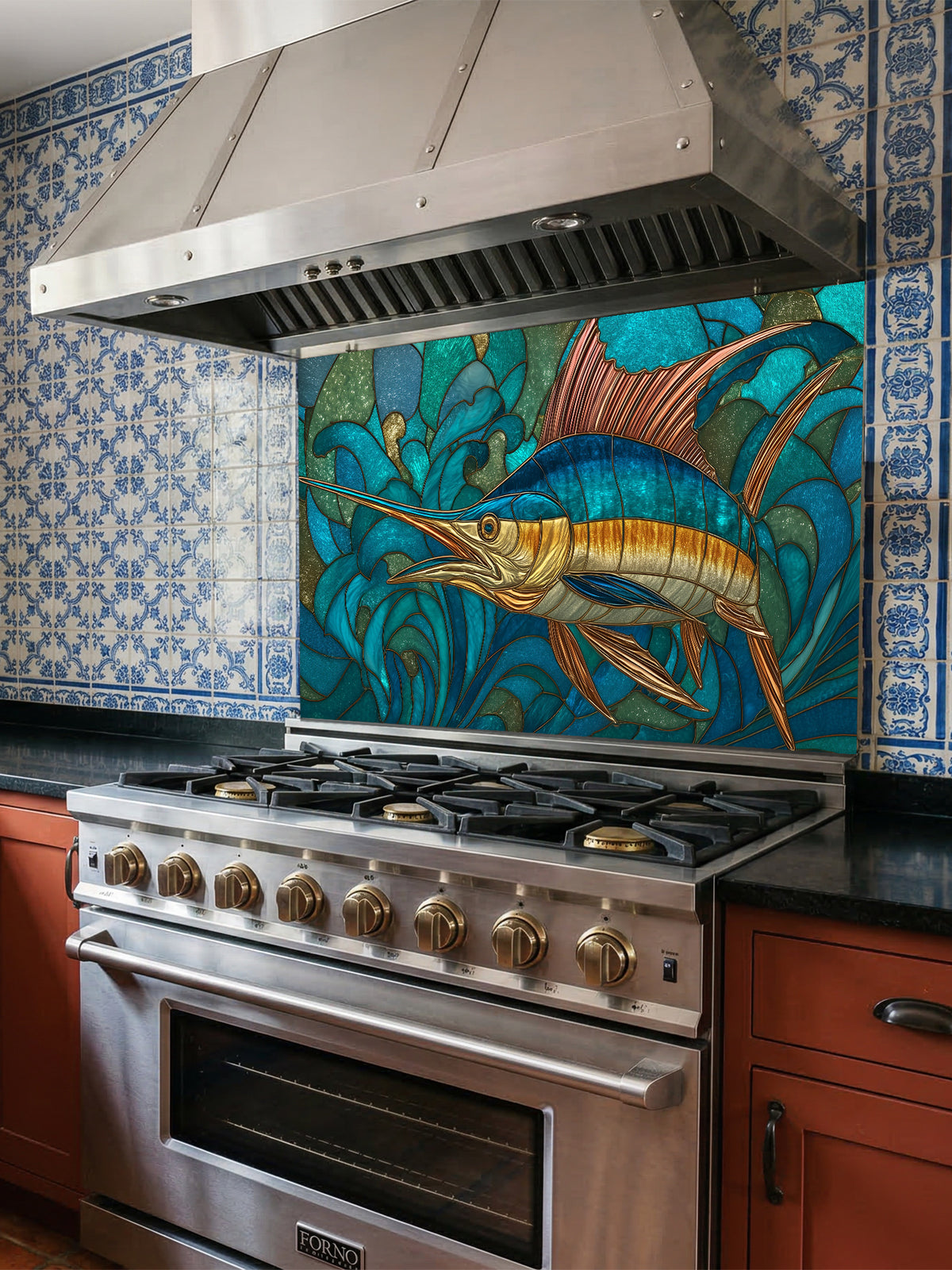 Stained glass style majestic blue marlin swimming through dynamic turquoise ocean waves, UV printed on a smooth tempered glass kitchen backsplash, installed behind a modern stove.