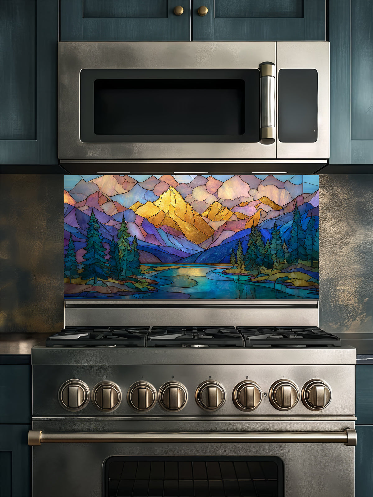 A cozy kitchen featuring a tempered glass backsplash with a beautiful stained glass effect landscape, showcasing majestic mountains, pine trees, and a winding river at sunset, installed behind a modern stainless steel stove.