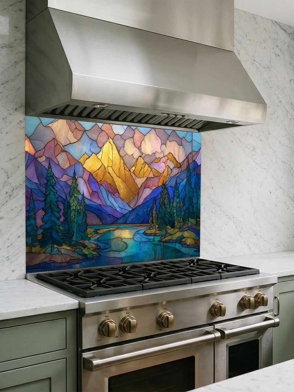 A cozy kitchen featuring a tempered glass backsplash with a beautiful stained glass effect landscape, showcasing majestic mountains, pine trees, and a winding river at sunset, installed behind a modern stainless steel stove.
