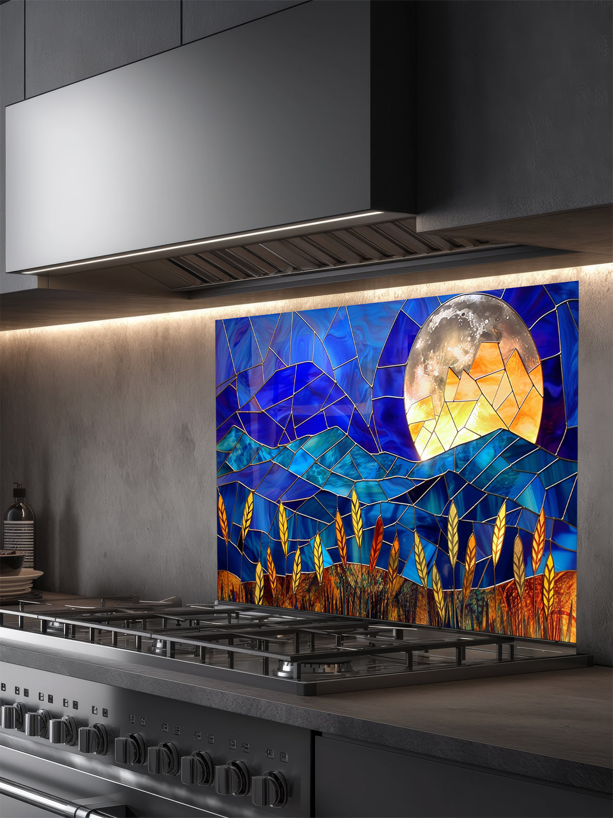 Stained glass style landscape featuring deep blue mountains, a glowing full moon, and golden wheat, UV printed on a smooth tempered glass kitchen backsplash.