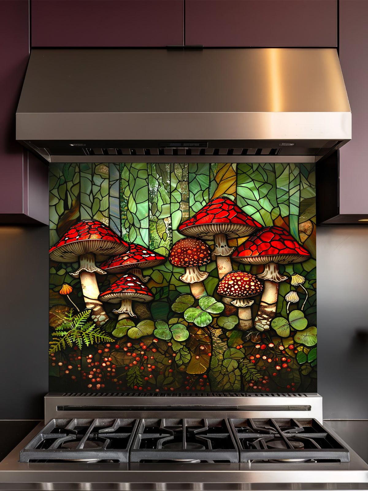 Stained glass style woodland scene with vibrant red mushrooms, ferns, and clovers, UV printed on a smooth tempered glass kitchen backsplash, installed behind a modern stove.