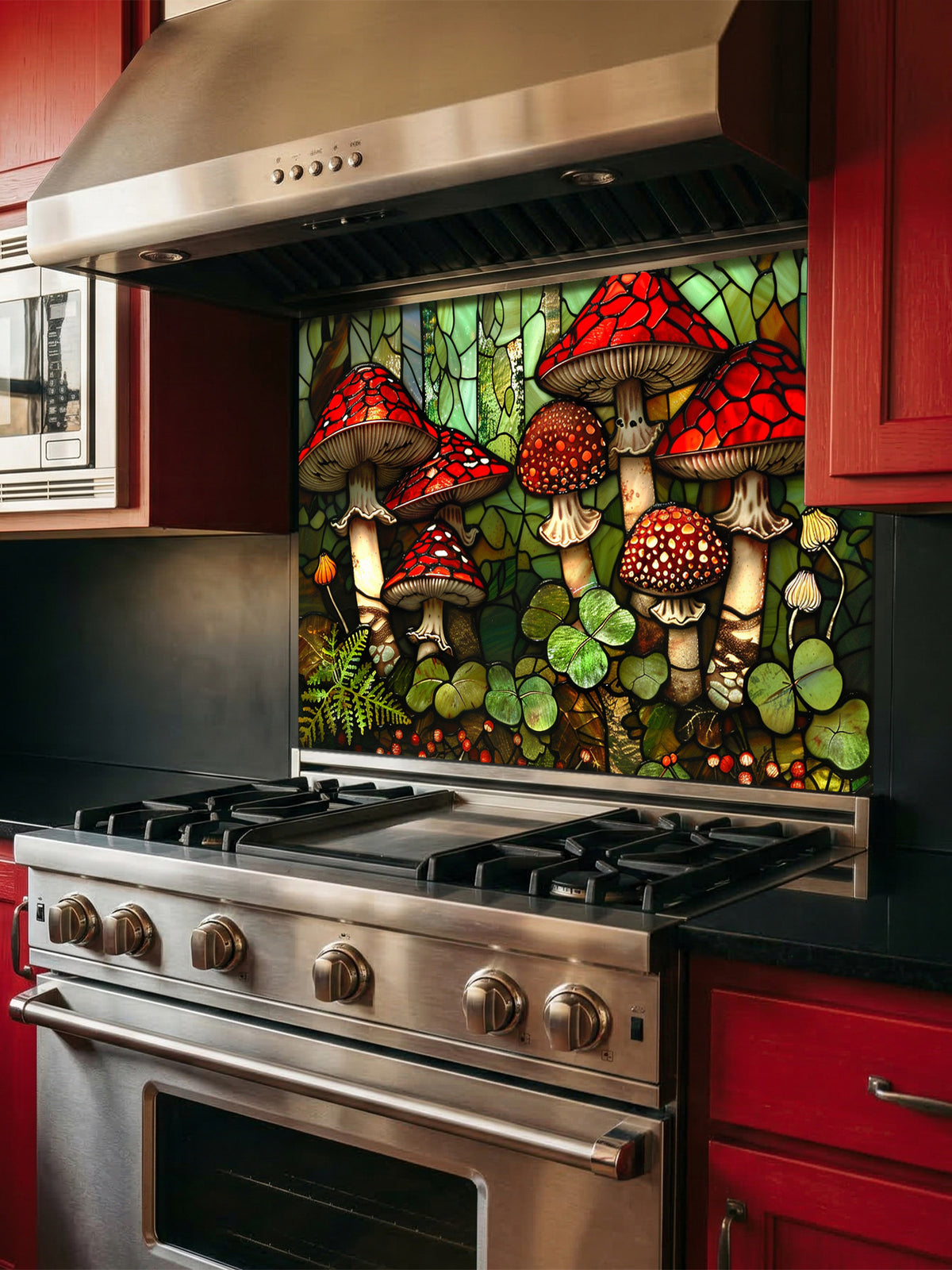 Stained glass style woodland scene with vibrant red mushrooms, ferns, and clovers, UV printed on a smooth tempered glass kitchen backsplash, installed behind a modern stove.