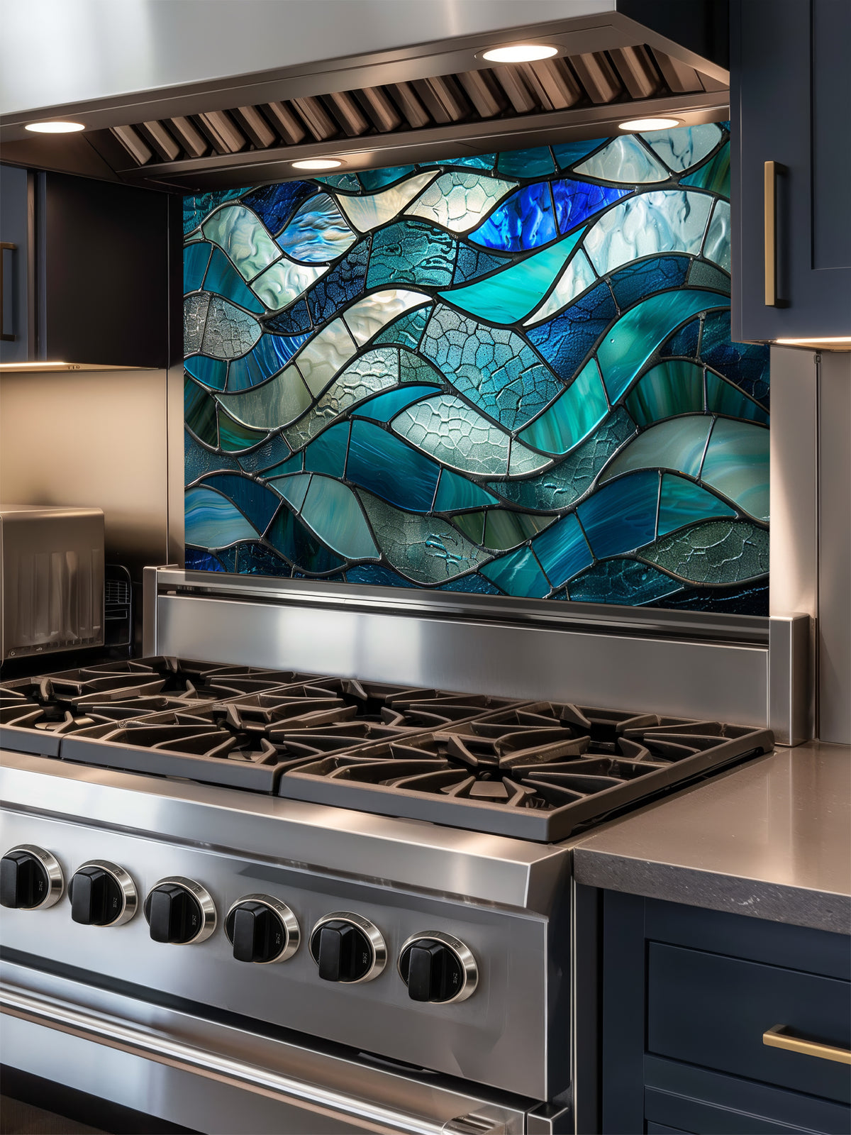 Tempered glass kitchen backsplash featuring a highly realistic 3D illusion of stained glass or sea glass art showing flowing, overlapping ocean waves in vibrant translucent shades of sapphire blue, teal, and aquamarine, installed behind a modern black stove.