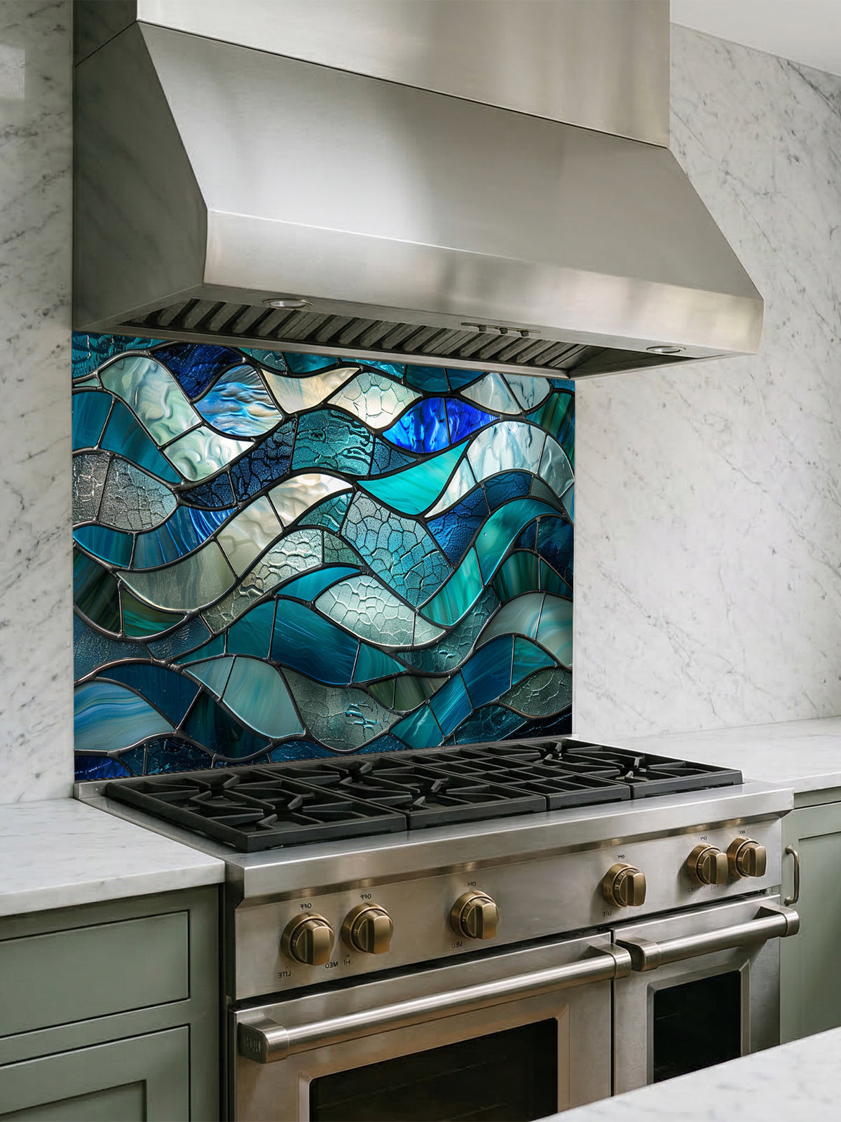 Tempered glass kitchen backsplash featuring a highly realistic 3D illusion of stained glass or sea glass art showing flowing, overlapping ocean waves in vibrant translucent shades of sapphire blue, teal, and aquamarine, installed behind a modern black stove.