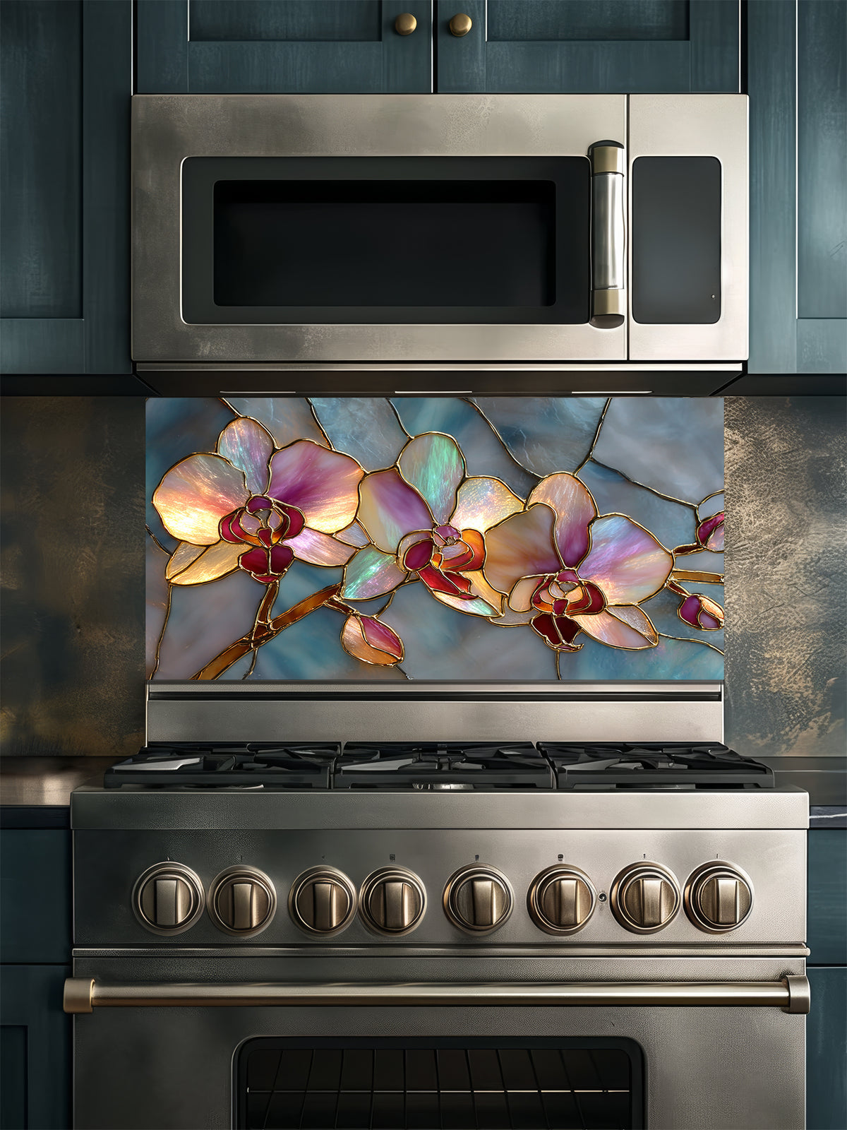 Faux stained glass pattern featuring glowing pink and magenta orchids with gold outlines against a swirling teal and blue mosaic background, UV printed on a smooth tempered glass kitchen backsplash.