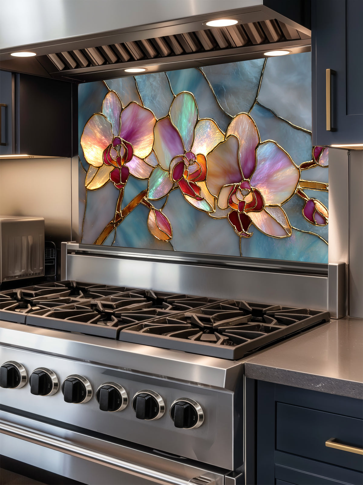 Faux stained glass pattern featuring glowing pink and magenta orchids with gold outlines against a swirling teal and blue mosaic background, UV printed on a smooth tempered glass kitchen backsplash.