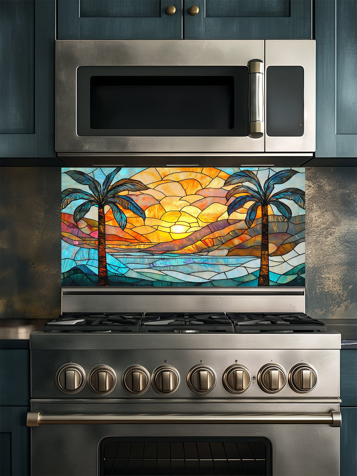 Stained glass style tropical beach sunset with two palm trees, ocean waves, and vibrant orange and blue sky, UV printed on a smooth tempered glass kitchen backsplash, installed behind a modern stove.