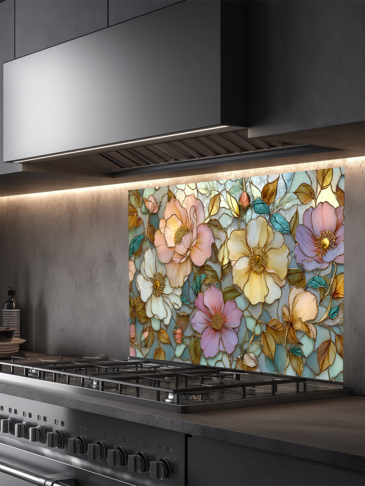Stained glass style botanical pattern featuring large pastel pink, peach, and yellow peony flowers with gold outlines, UV printed on a smooth tempered glass kitchen backsplash.