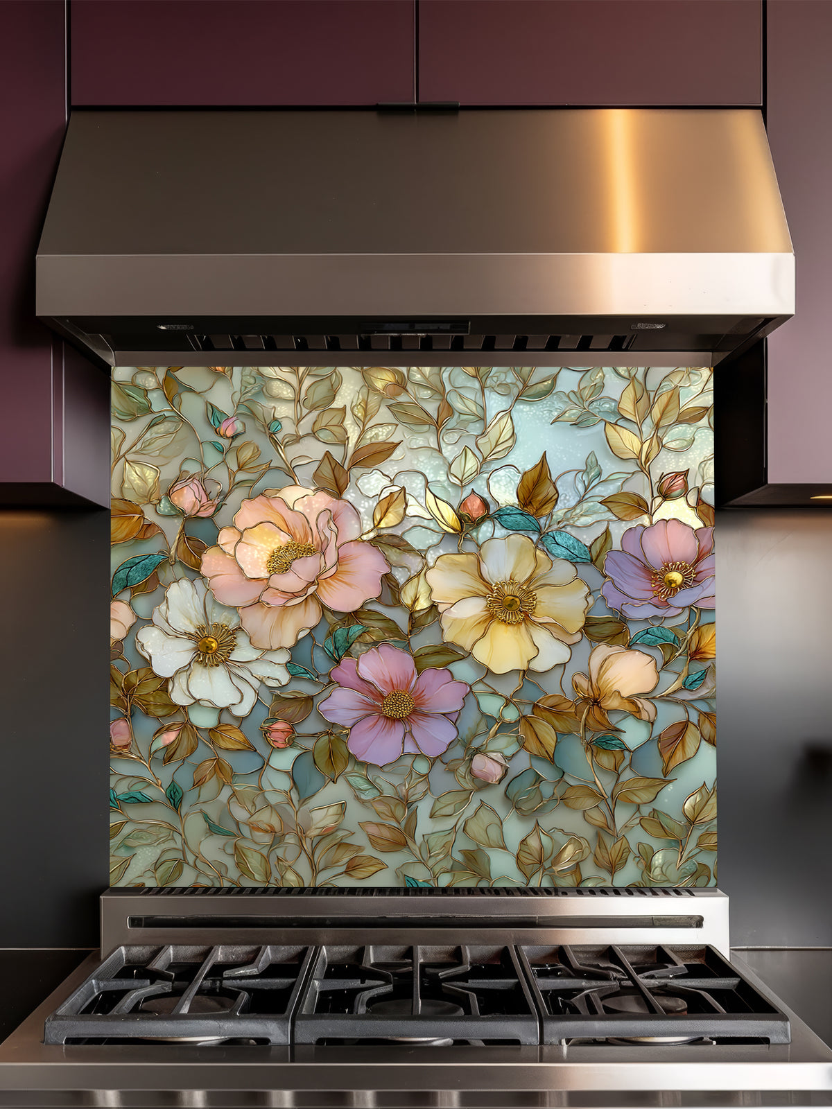 Stained glass style botanical pattern featuring large pastel pink, peach, and yellow peony flowers with gold outlines, UV printed on a smooth tempered glass kitchen backsplash.
